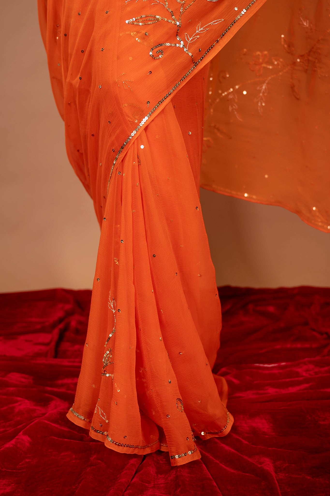 Orange  viscose chiffon sequins woek handwork party wear saree