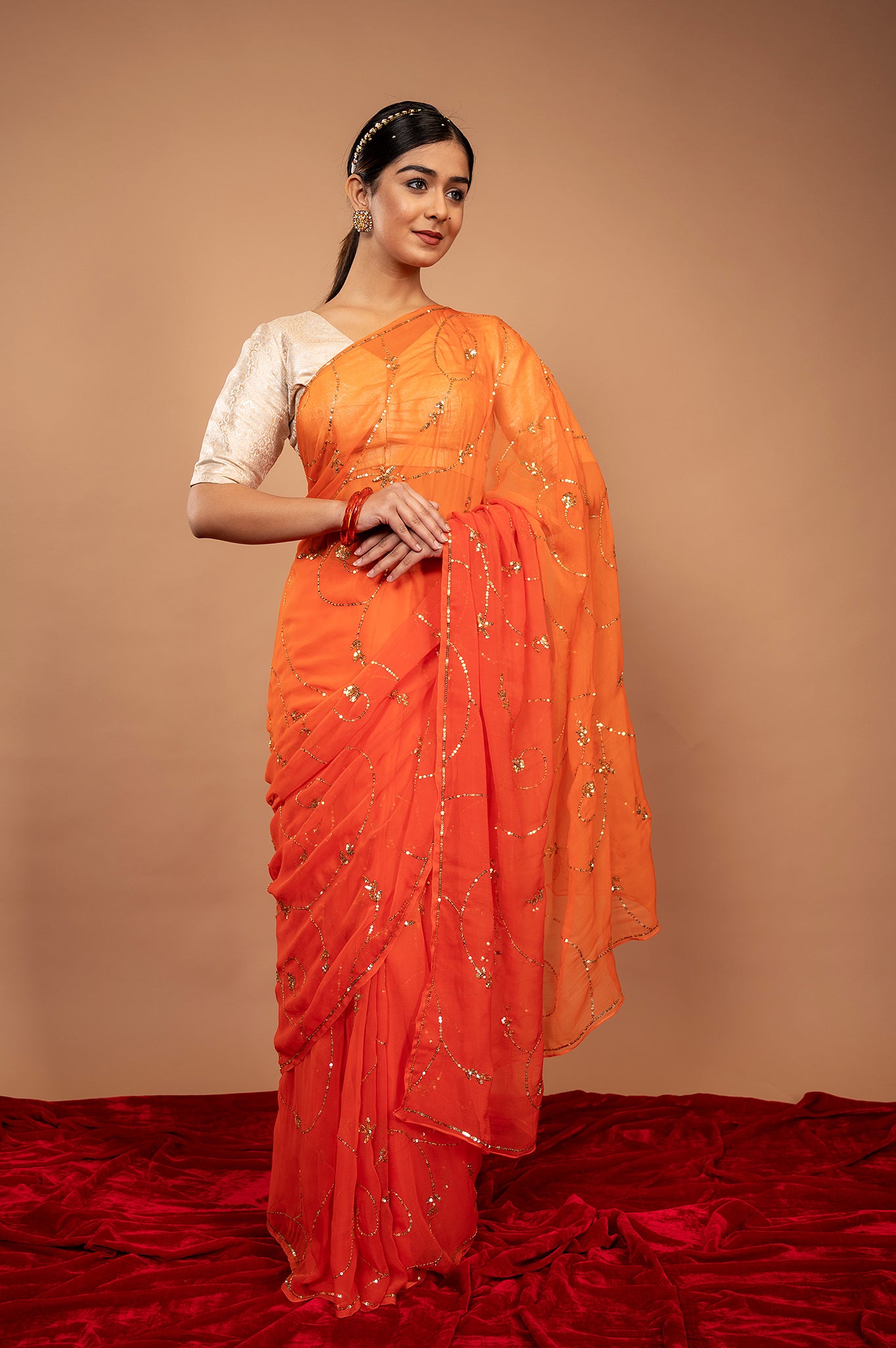 Orange  viscose chiffon Sequins jaal handwork casual wear saree