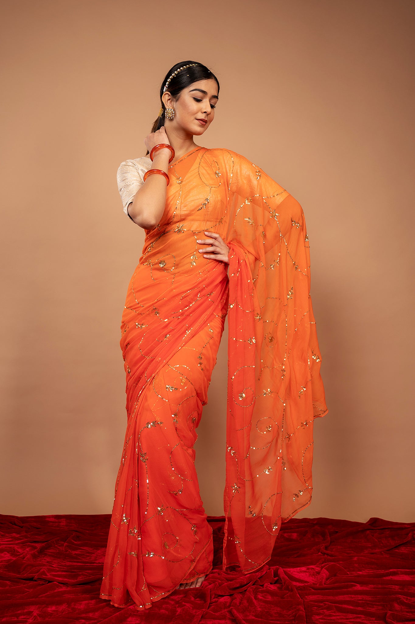 Orange  viscose chiffon Sequins jaal handwork casual wear saree