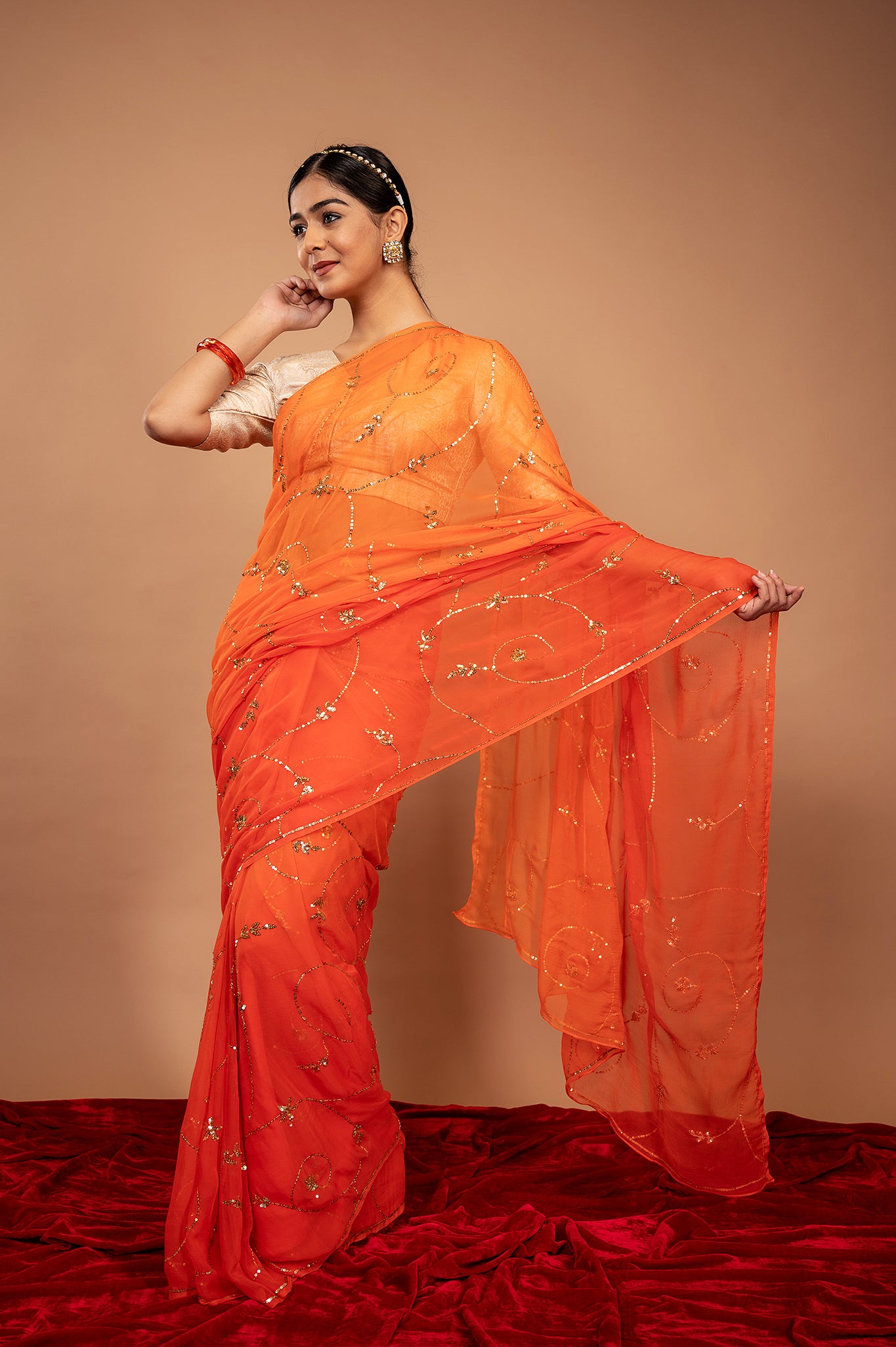 Orange  viscose chiffon Sequins jaal handwork casual wear saree