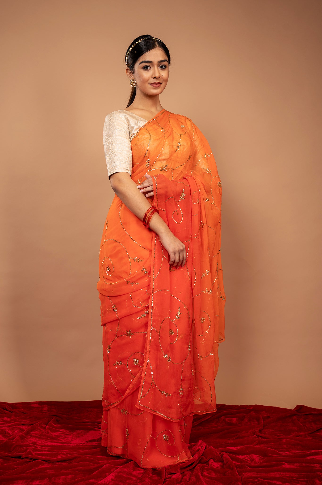 Orange  viscose chiffon Sequins jaal handwork casual wear saree