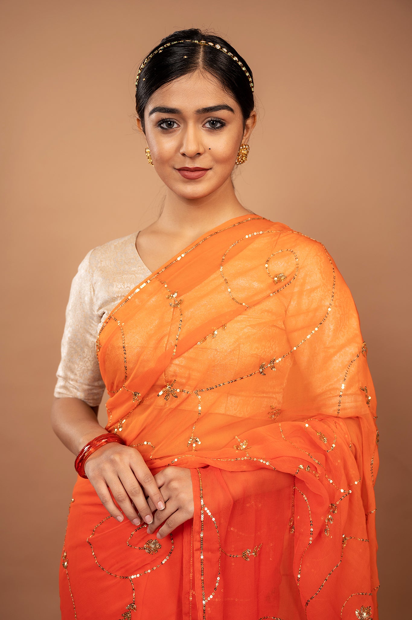Orange  viscose chiffon Sequins jaal handwork casual wear saree