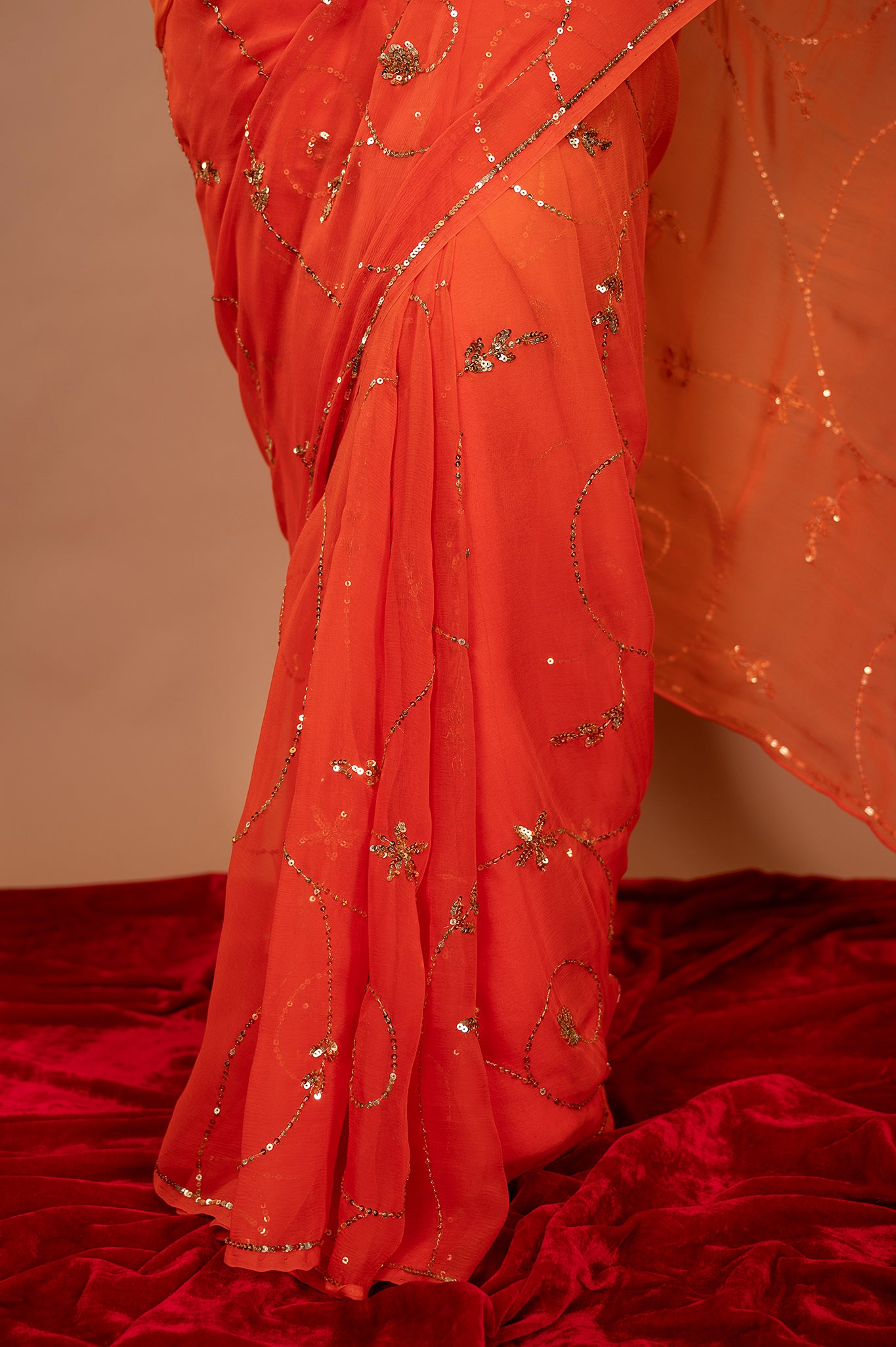 Orange  viscose chiffon Sequins jaal handwork casual wear saree