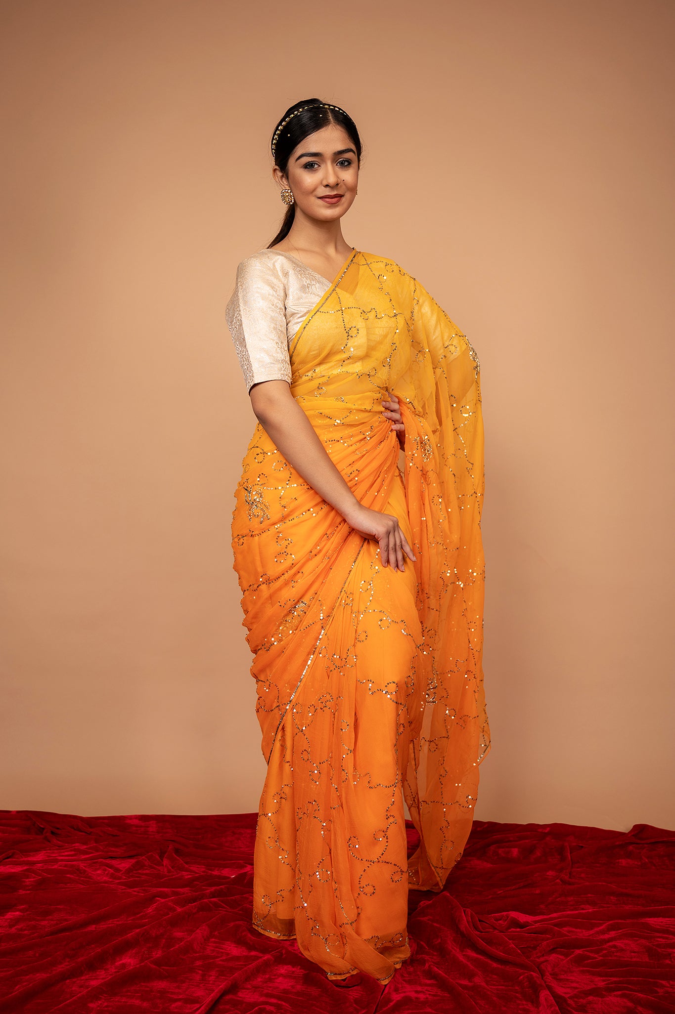 Orange light dark viscose chiffon Aari Sequins jaal handwork casual wear saree