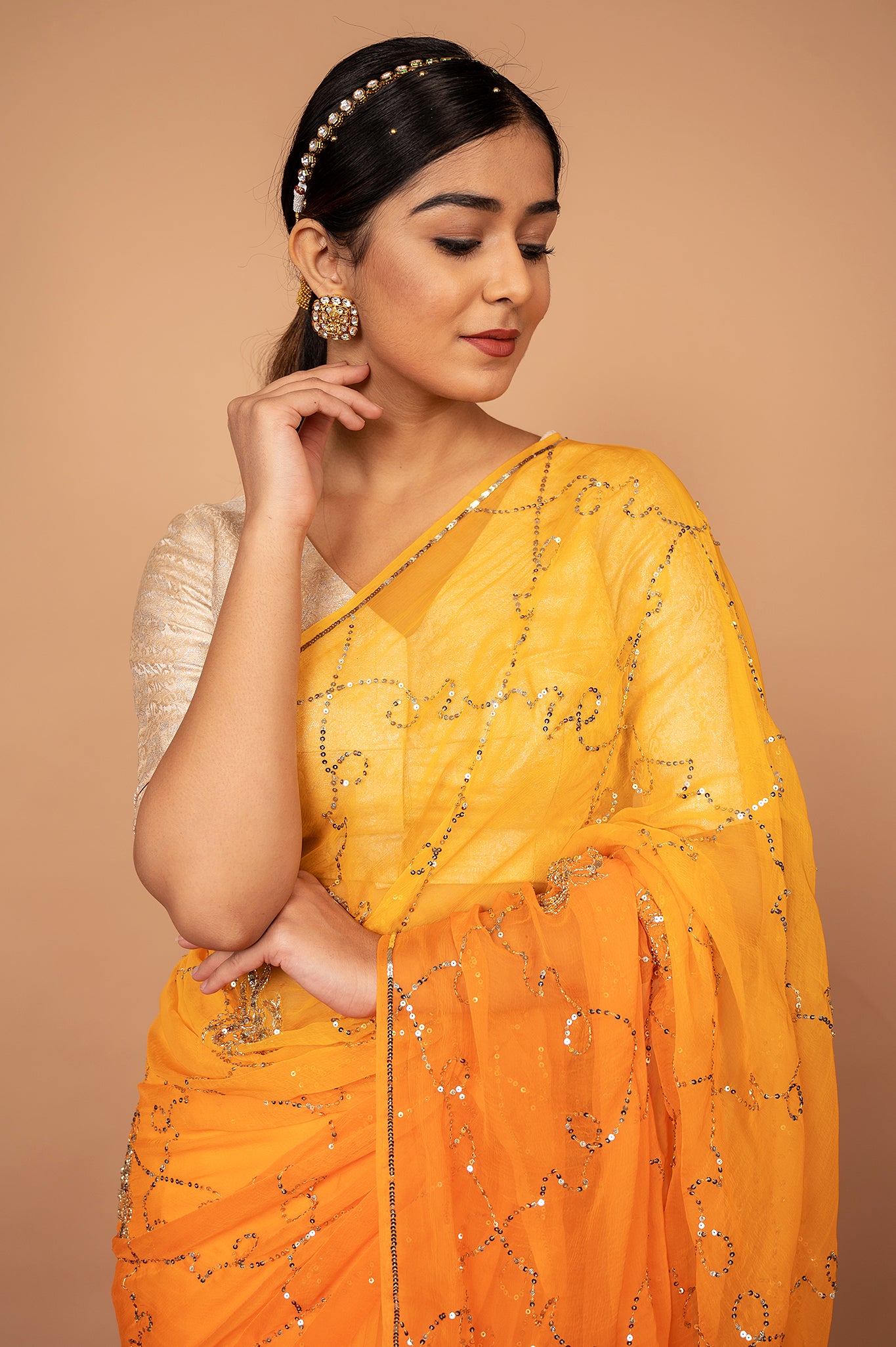 Orange light dark viscose chiffon Aari Sequins jaal handwork casual wear saree