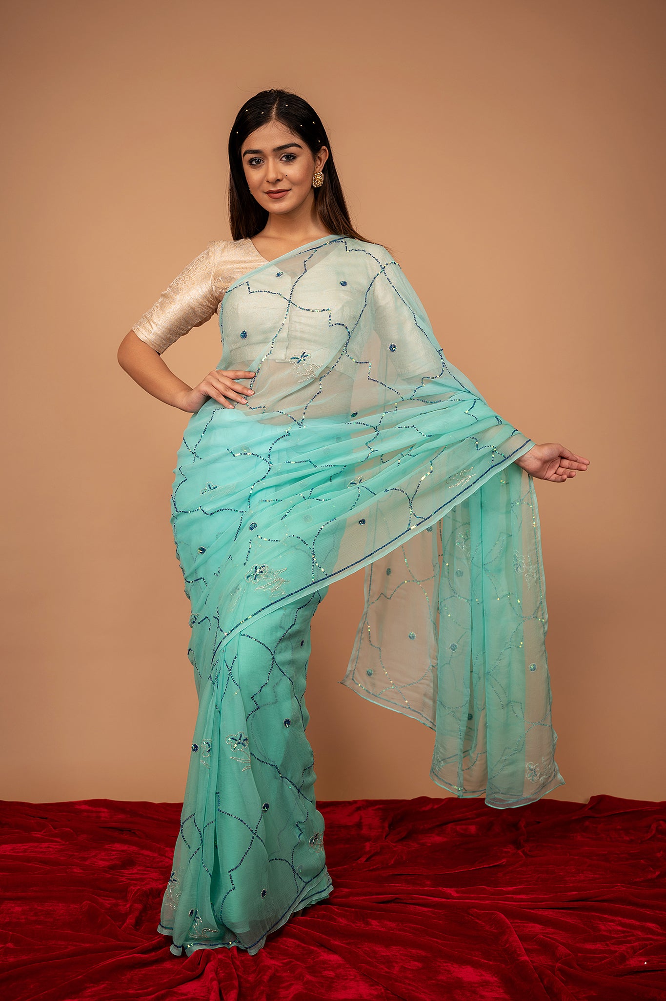 Sea Green  viscose chiffon sequins jaal handwork casual wear saree