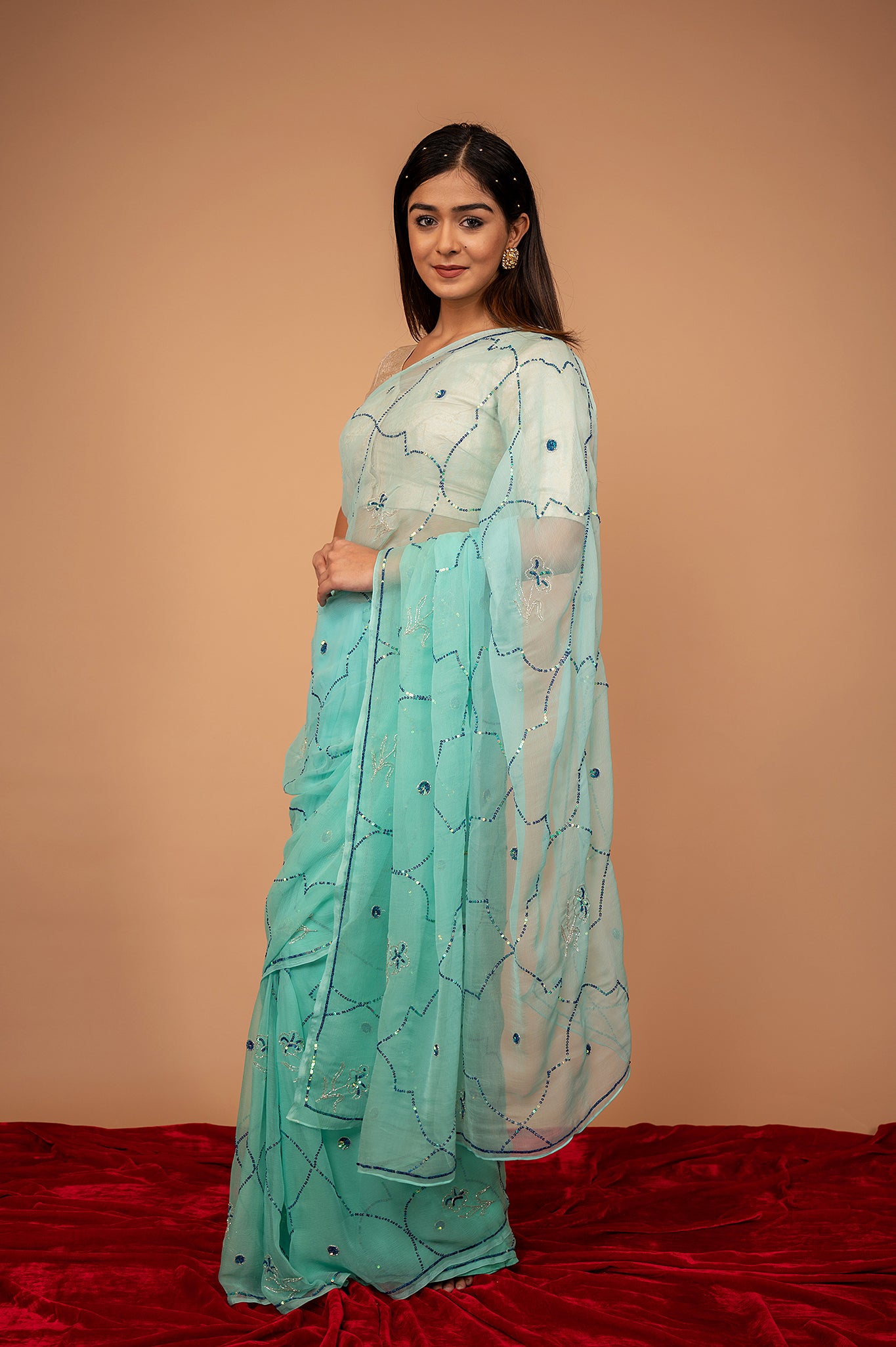 Sea Green  viscose chiffon sequins jaal handwork casual wear saree