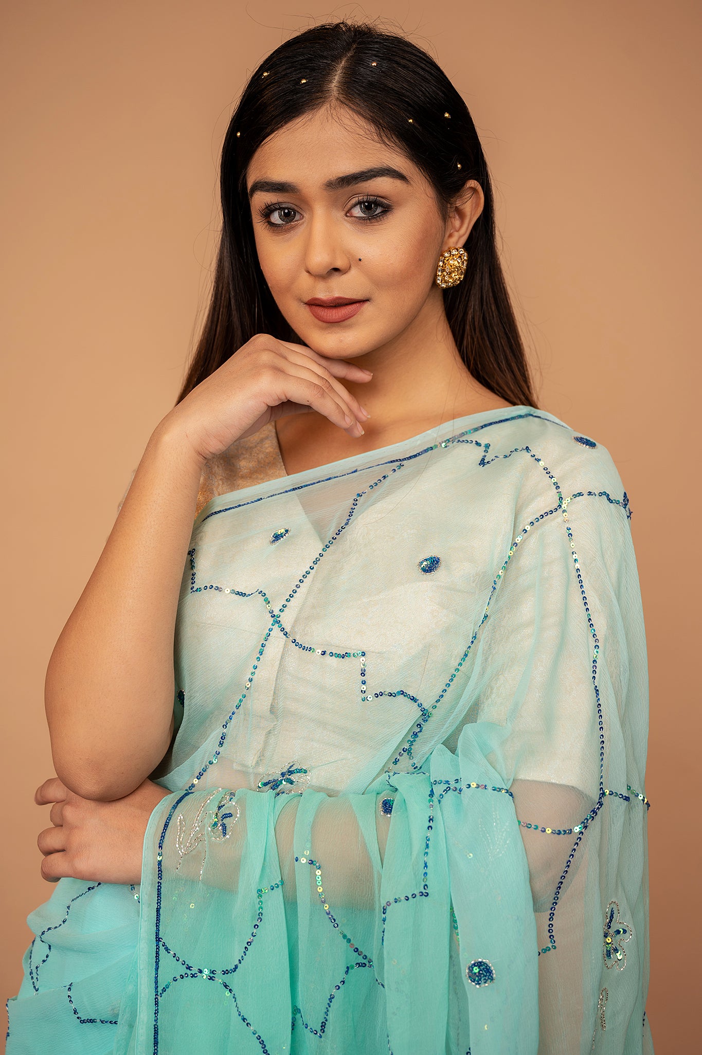 Sea Green  viscose chiffon sequins jaal handwork casual wear saree