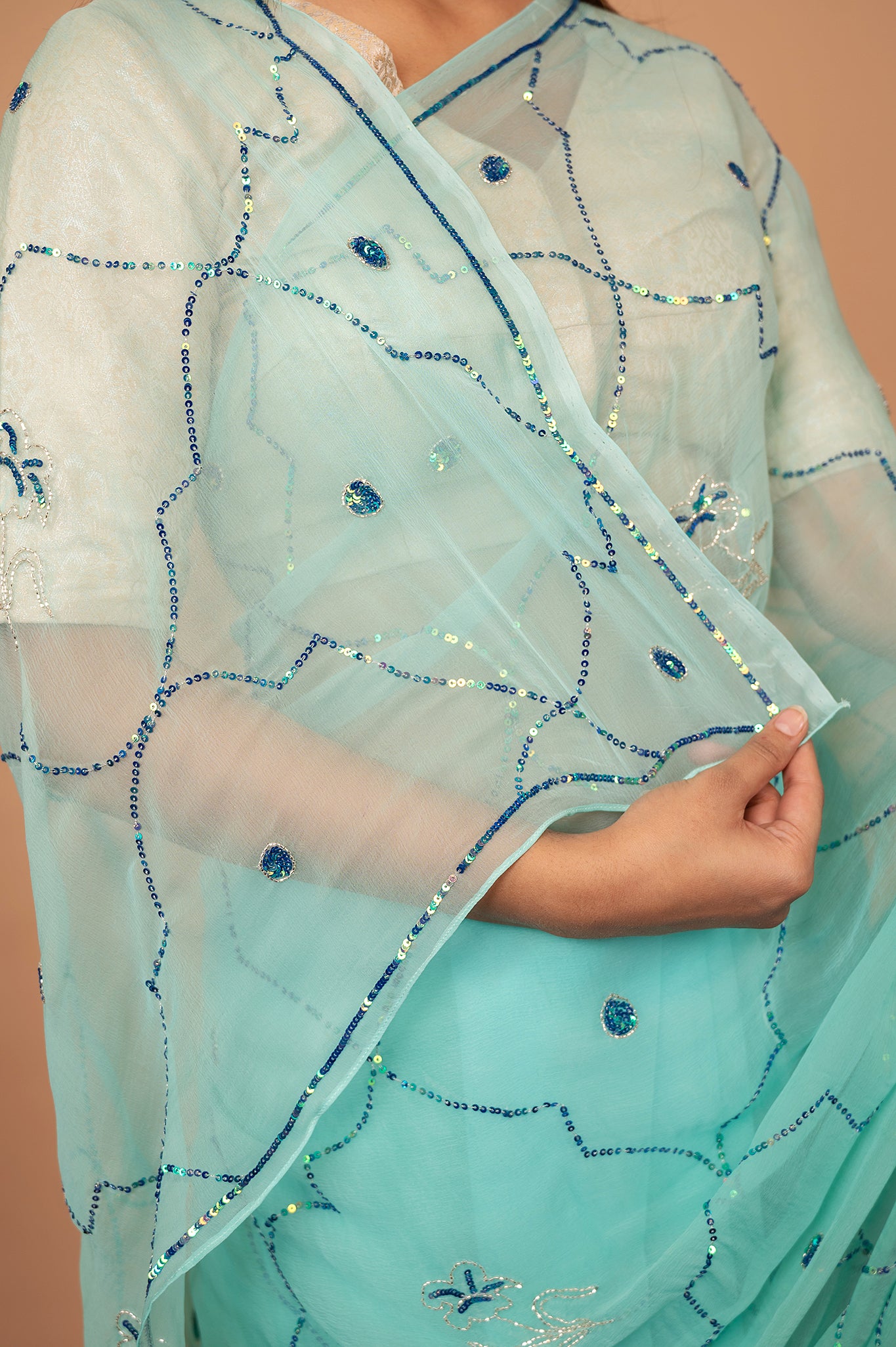 Sea Green  viscose chiffon sequins jaal handwork casual wear saree