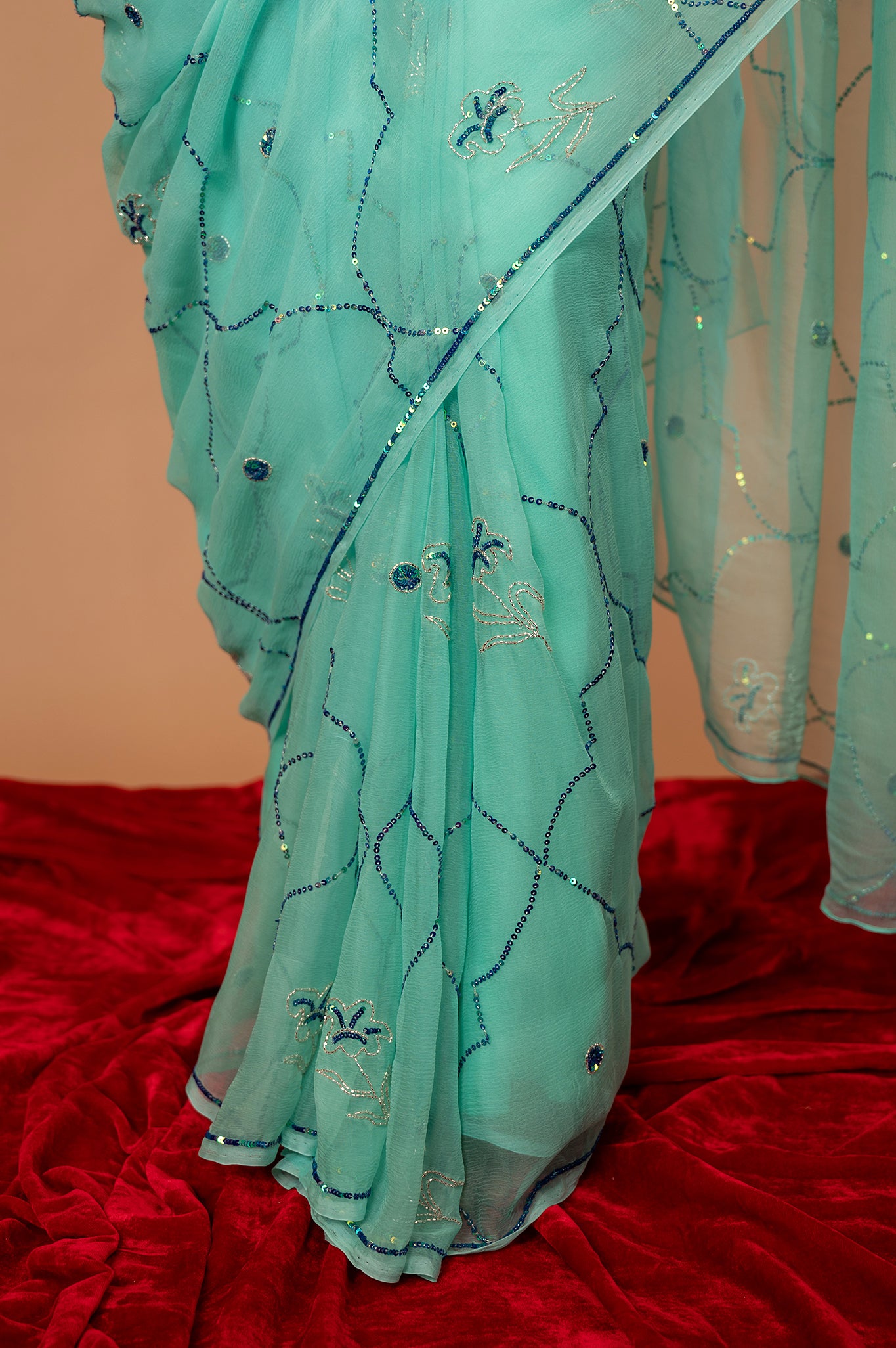 Sea Green  viscose chiffon sequins jaal handwork casual wear saree