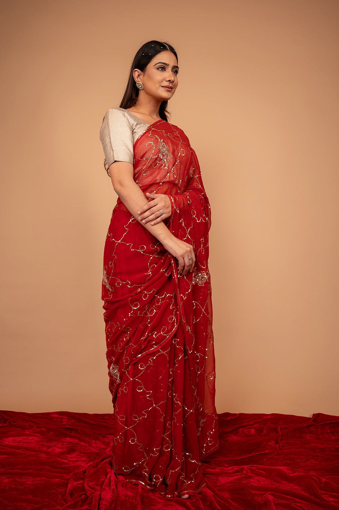 Red viscose chiffon Aari Sequins jaal handwork casual wear saree