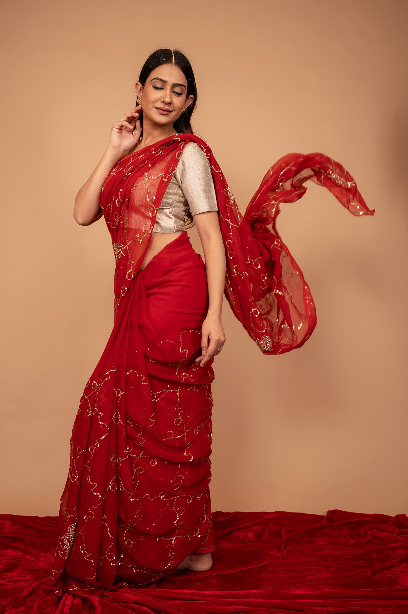 Red viscose chiffon Aari Sequins jaal handwork casual wear saree