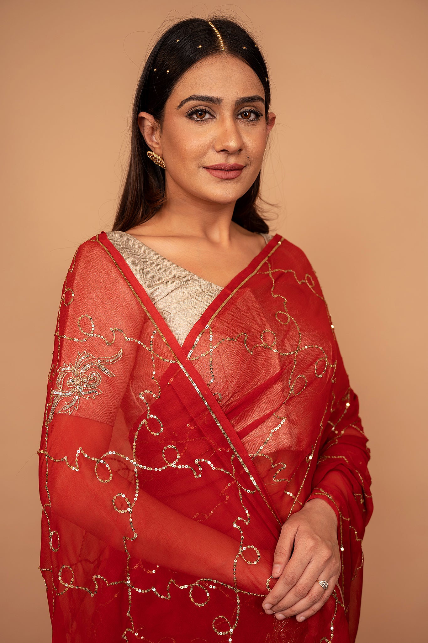 Red viscose chiffon Aari Sequins jaal handwork casual wear saree