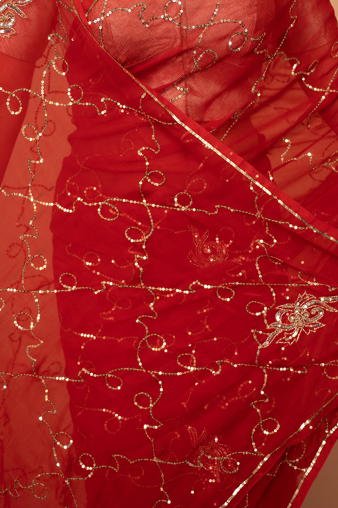 Red viscose chiffon Aari Sequins jaal handwork casual wear saree