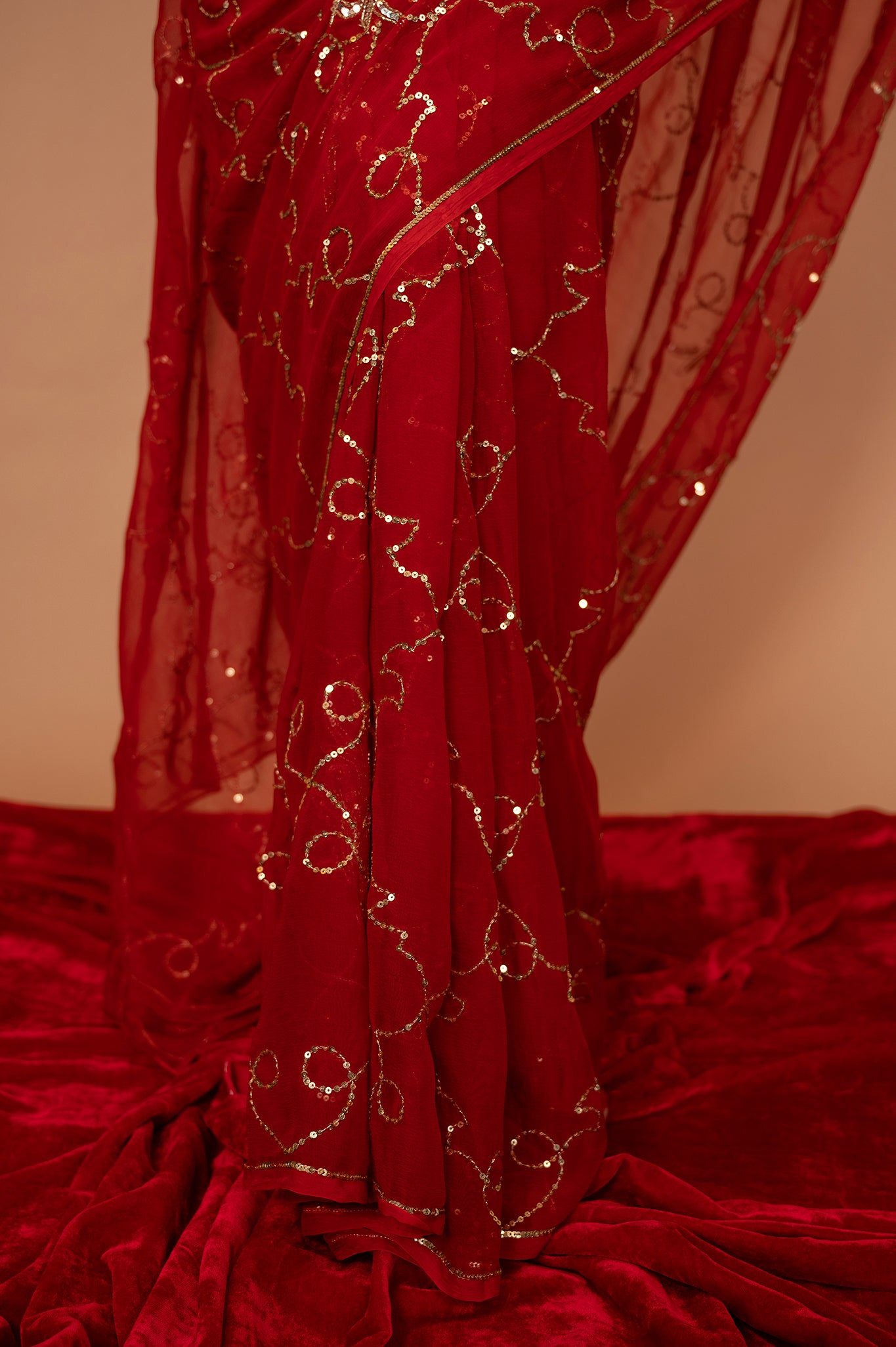 Red viscose chiffon Aari Sequins jaal handwork casual wear saree