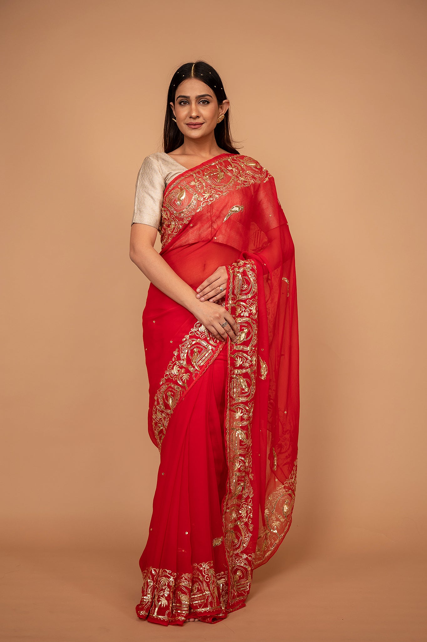 Red viscose chiffon aari sequins border butti handwork casual wear saree