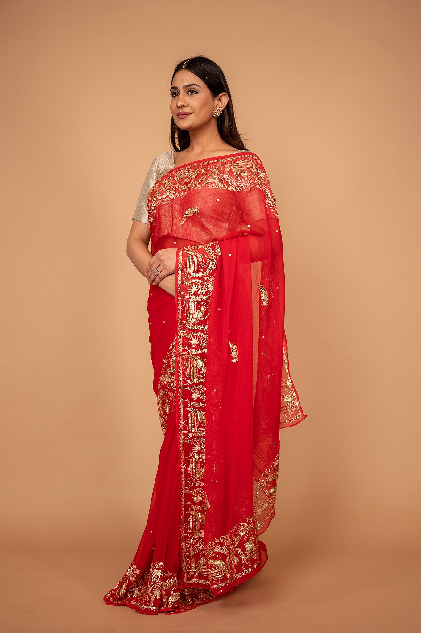 Red viscose chiffon aari sequins border butti handwork casual wear saree