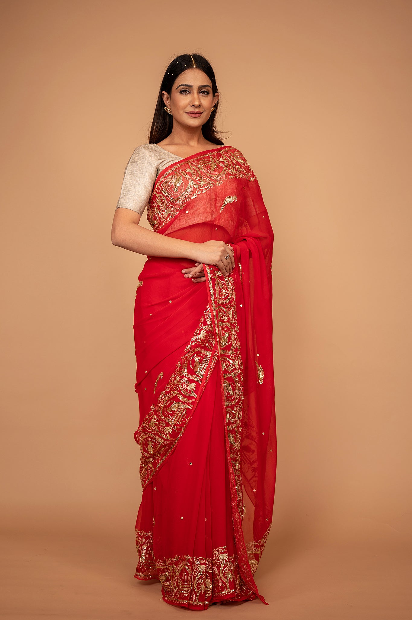 Red viscose chiffon aari sequins border butti handwork casual wear saree