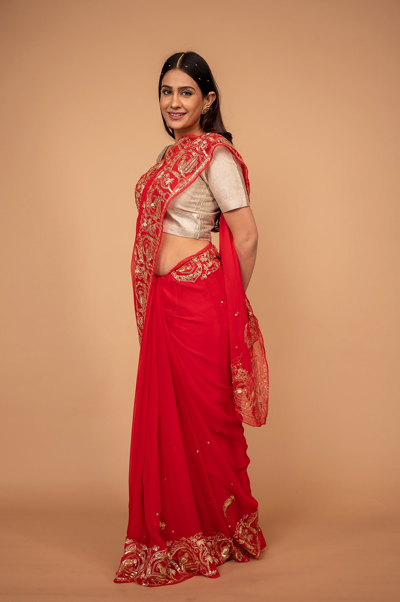 Red viscose chiffon aari sequins border butti handwork casual wear saree