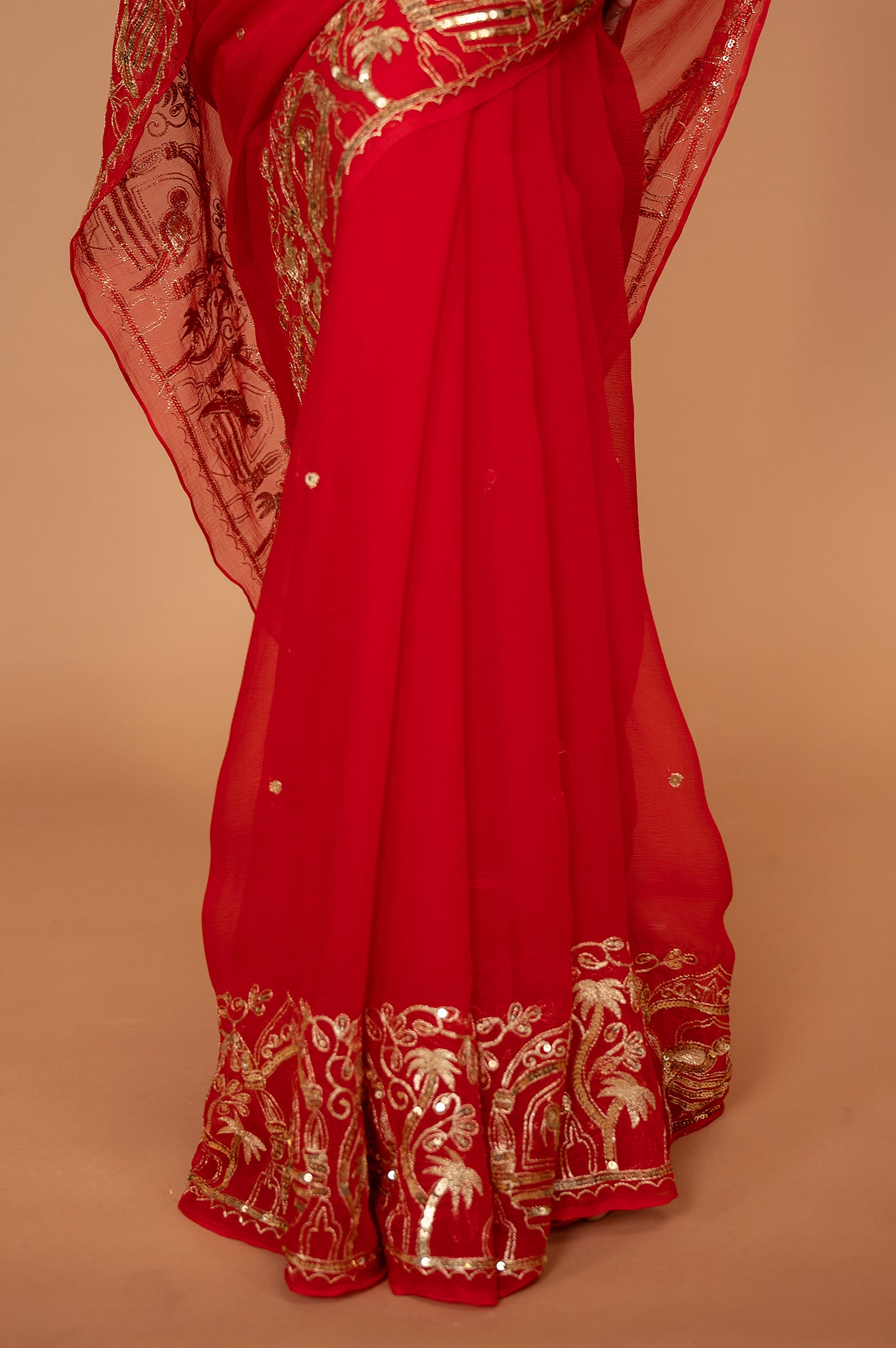 Red viscose chiffon aari sequins border butti handwork casual wear saree