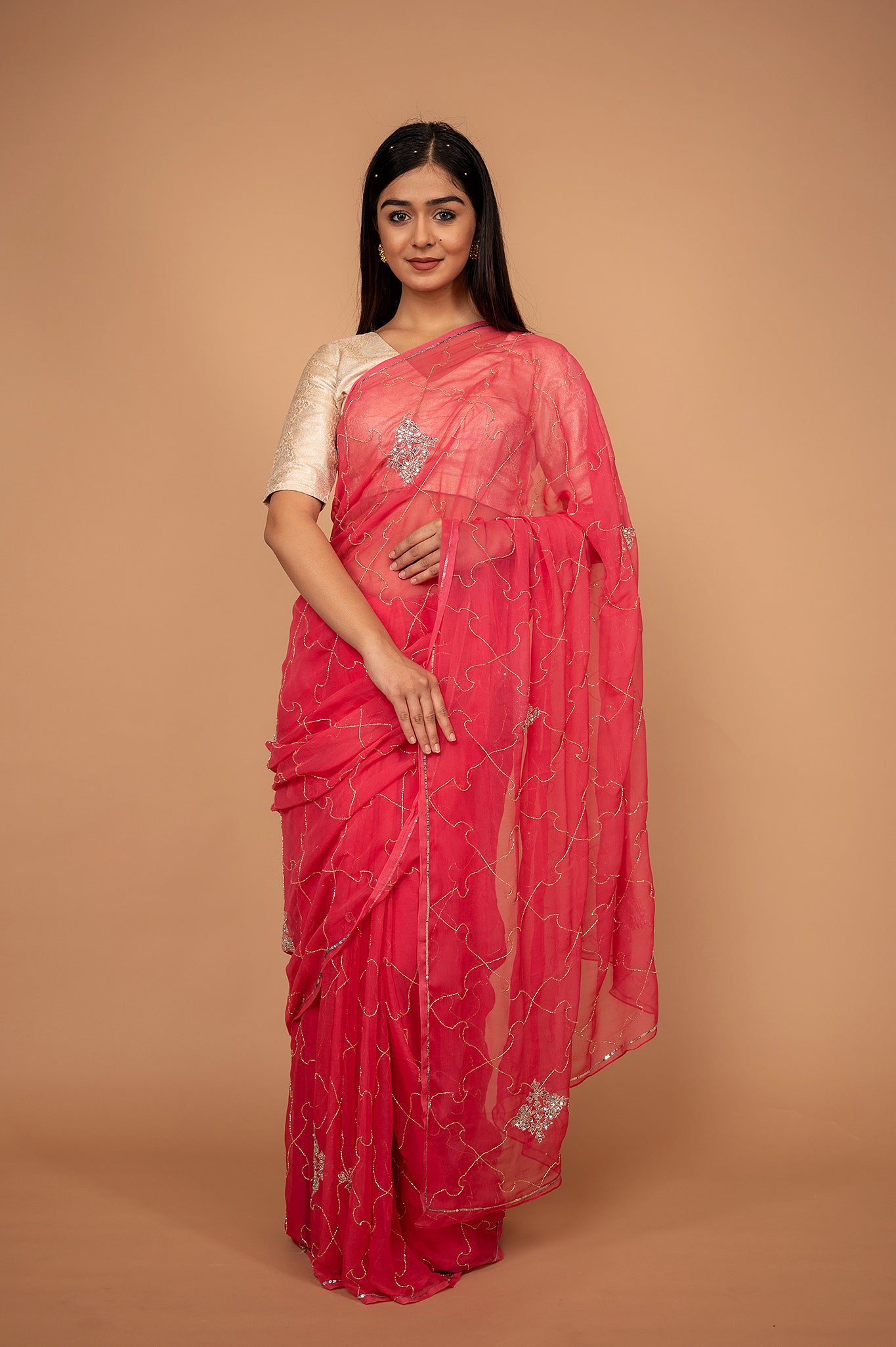 Peach Pink viscose chiffon Kardana sequins Jaal handwork casual wear saree