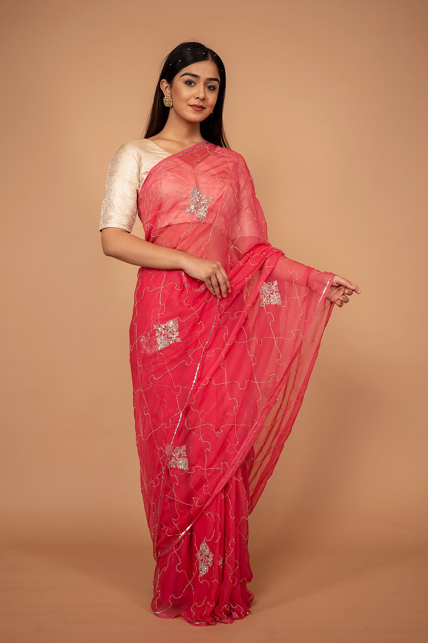 Peach Pink viscose chiffon Kardana sequins Jaal handwork casual wear saree