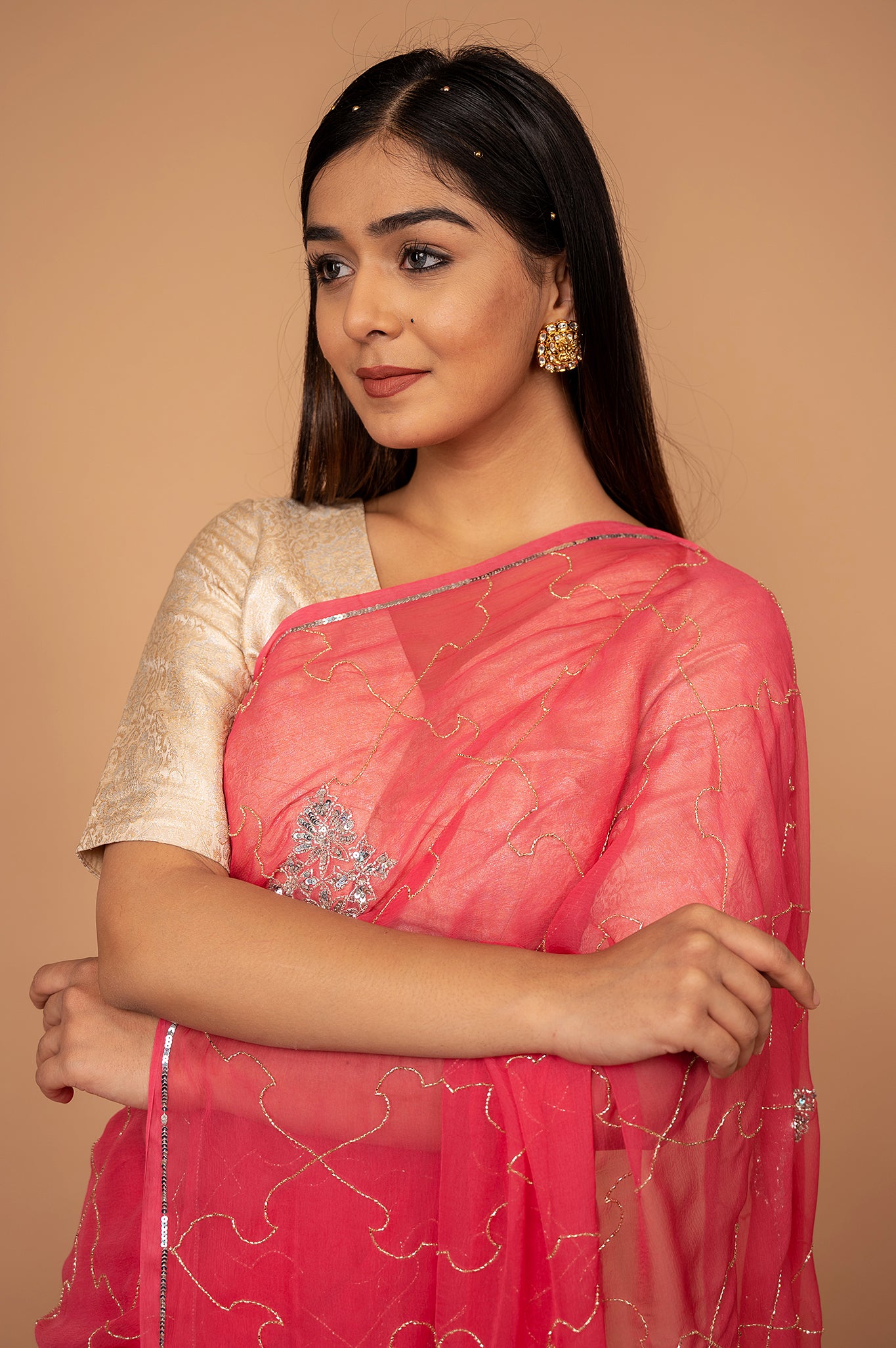 Peach Pink viscose chiffon Kardana sequins Jaal handwork casual wear saree