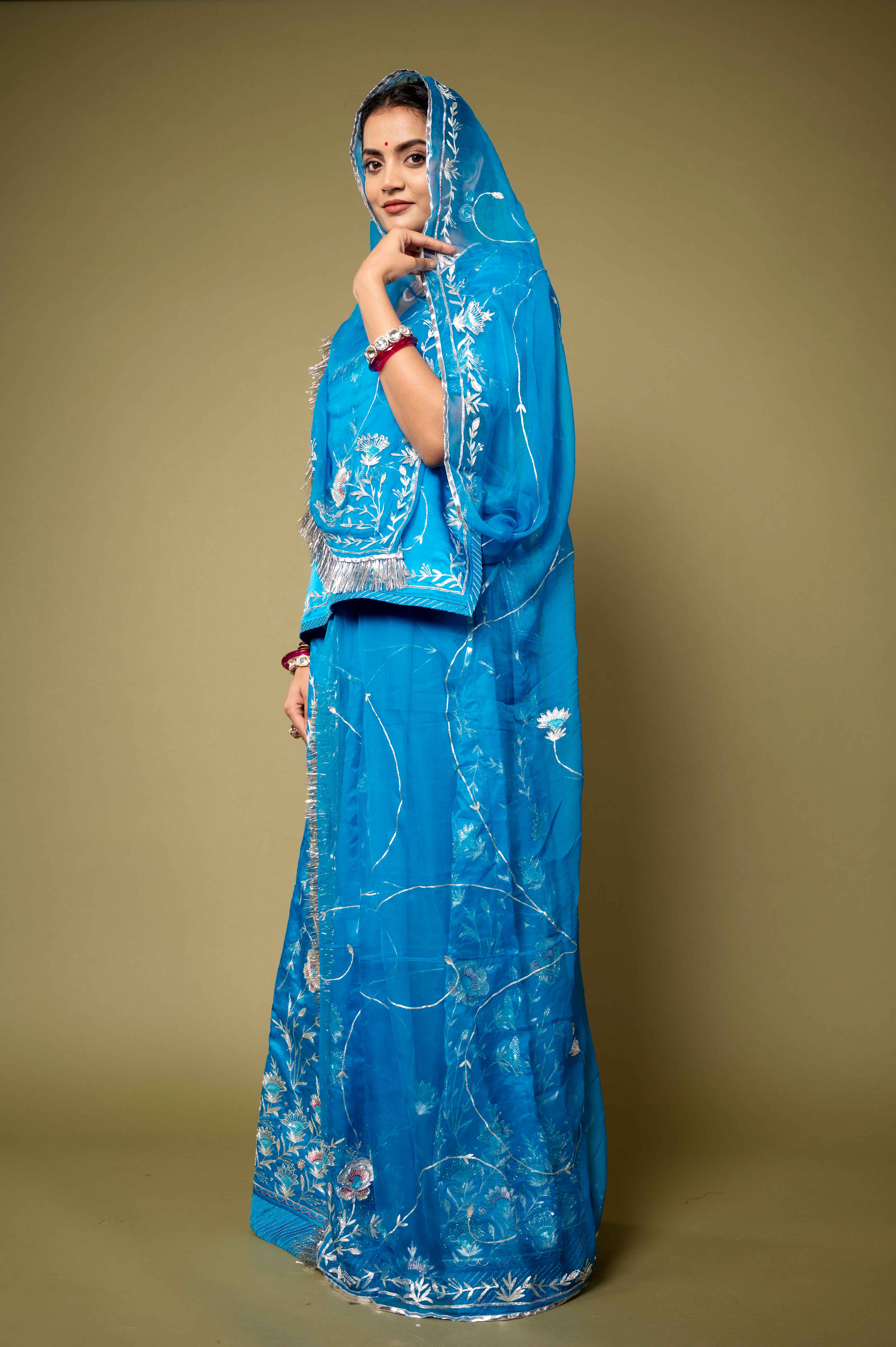 Blue bamber satin aari sequins handwork rajputi Poshak with pure odhna