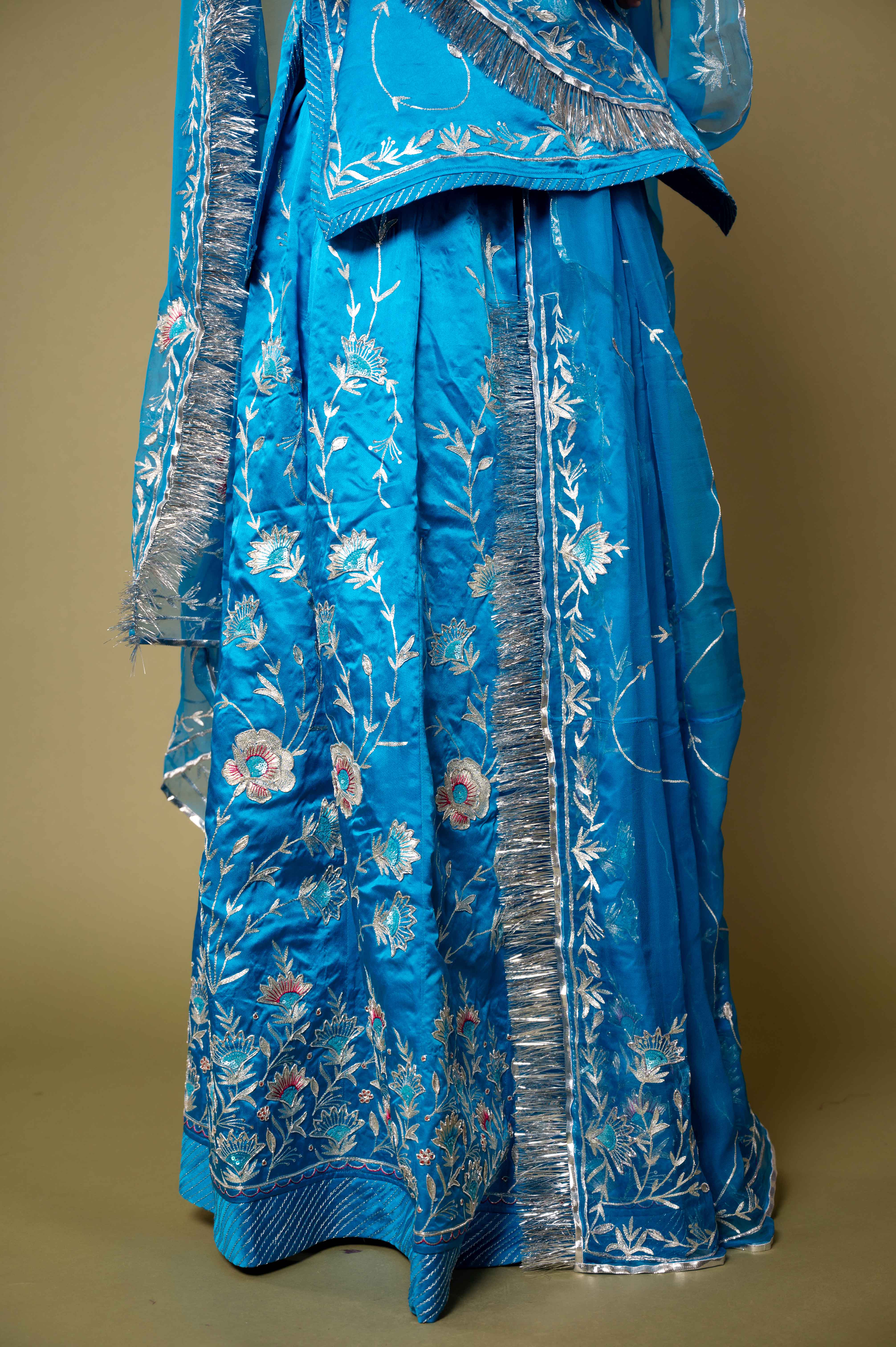 Blue bamber satin aari sequins handwork rajputi Poshak with pure odhna