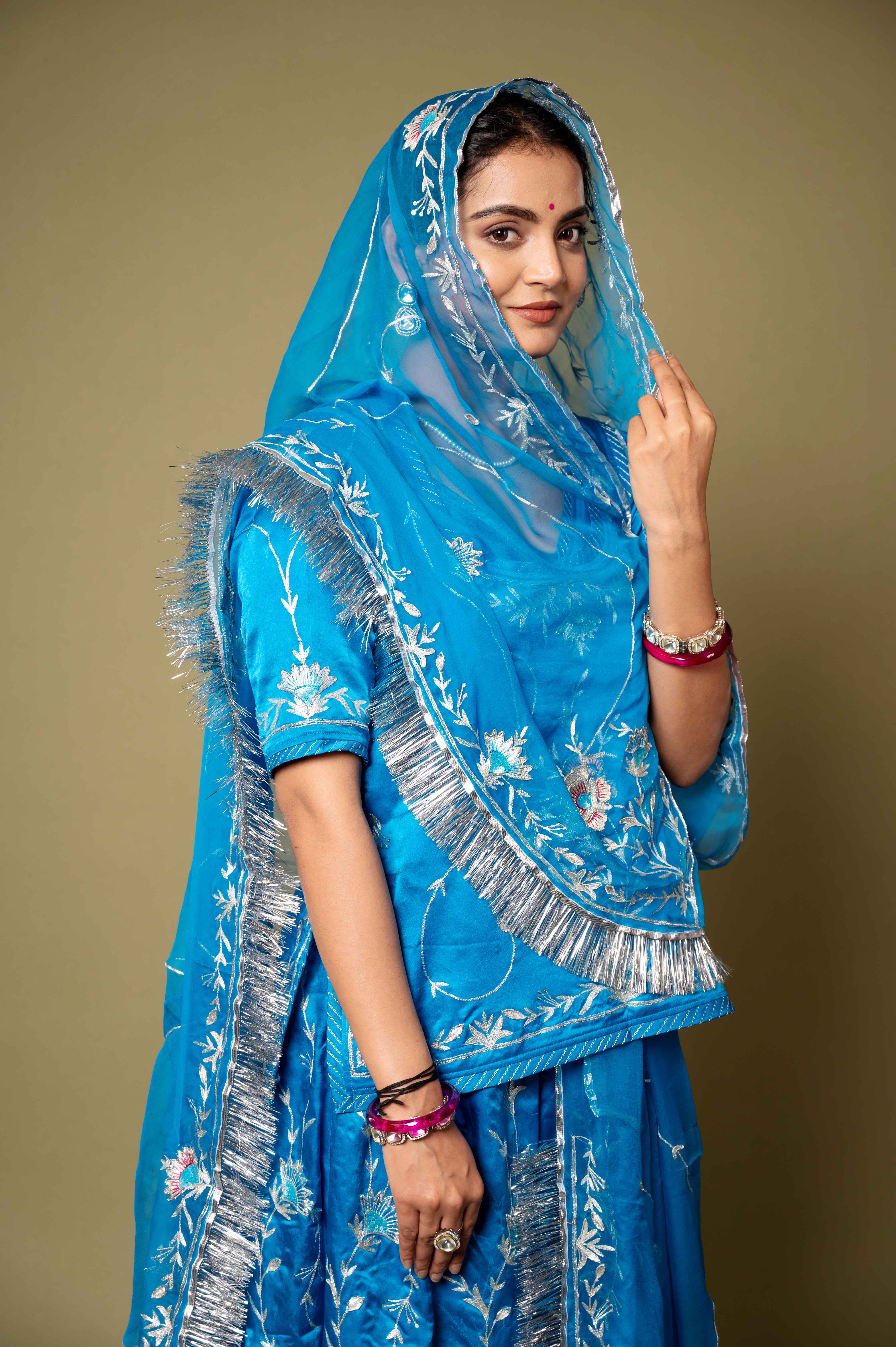 Blue bamber satin aari sequins handwork rajputi Poshak with pure odhna