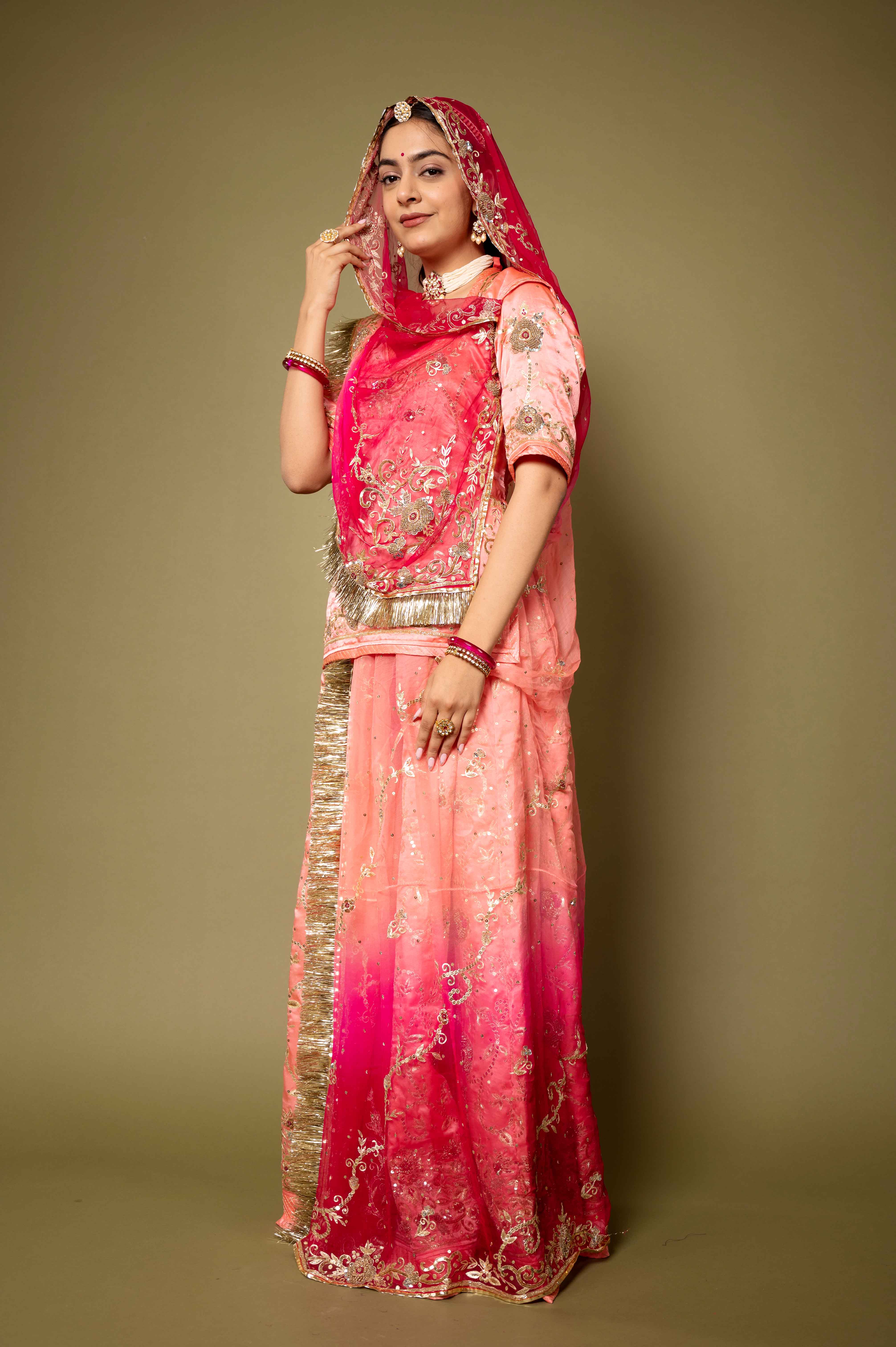 light peach  pure satin aari zardozi sequins handwork rajputi Poshak with pure odhna