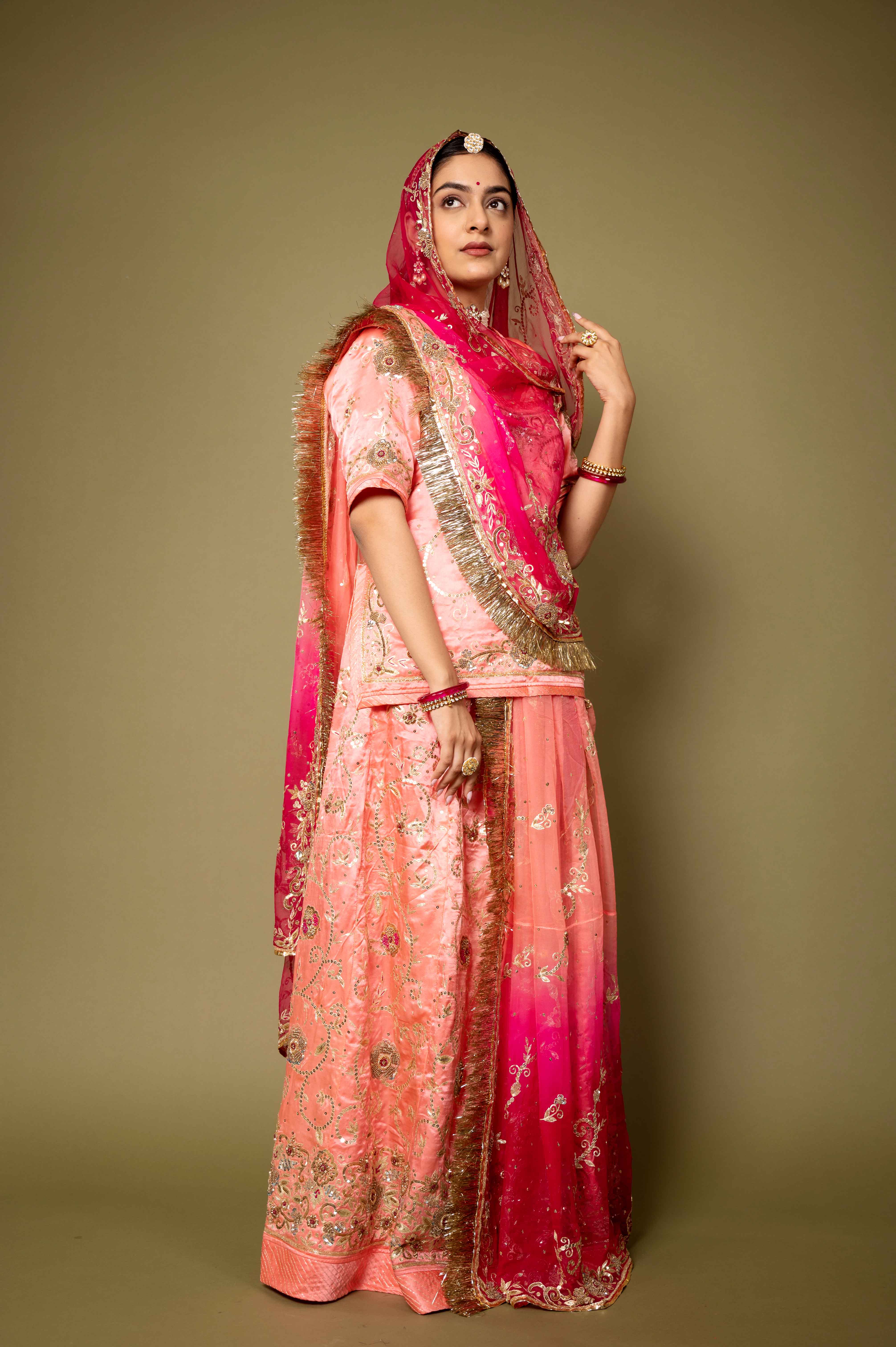 light peach  pure satin aari zardozi sequins handwork rajputi Poshak with pure odhna