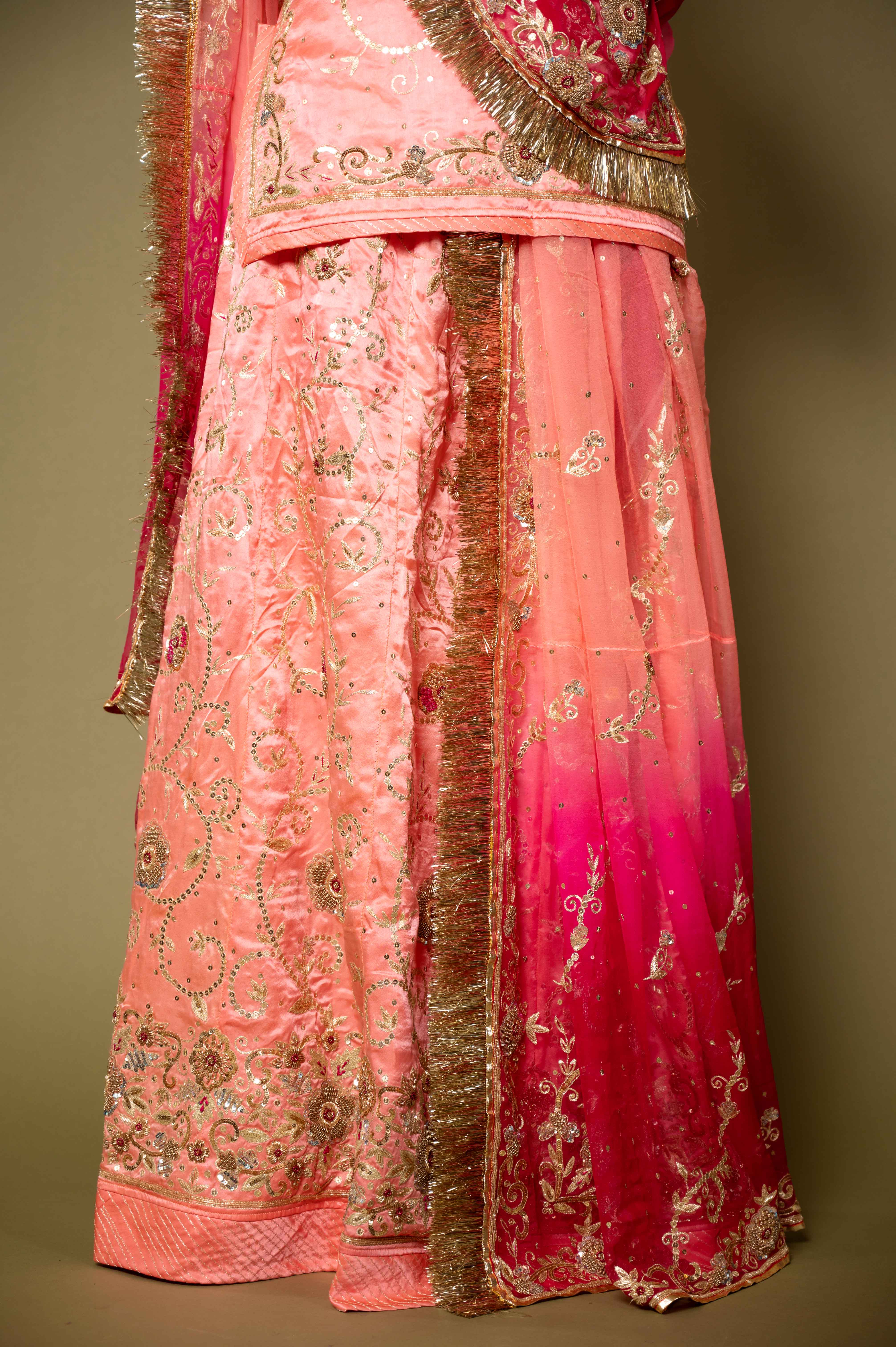 light peach  pure satin aari zardozi sequins handwork rajputi Poshak with pure odhna