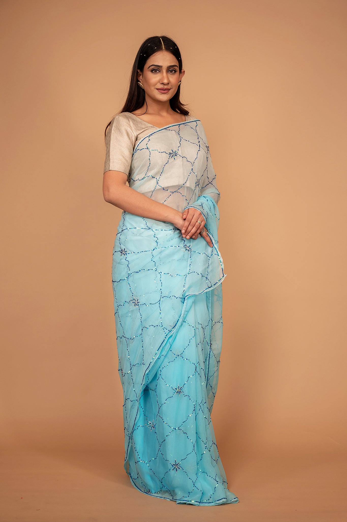 Sky blue light dark viscose chiffon sequins jaal handwork casual wear saree