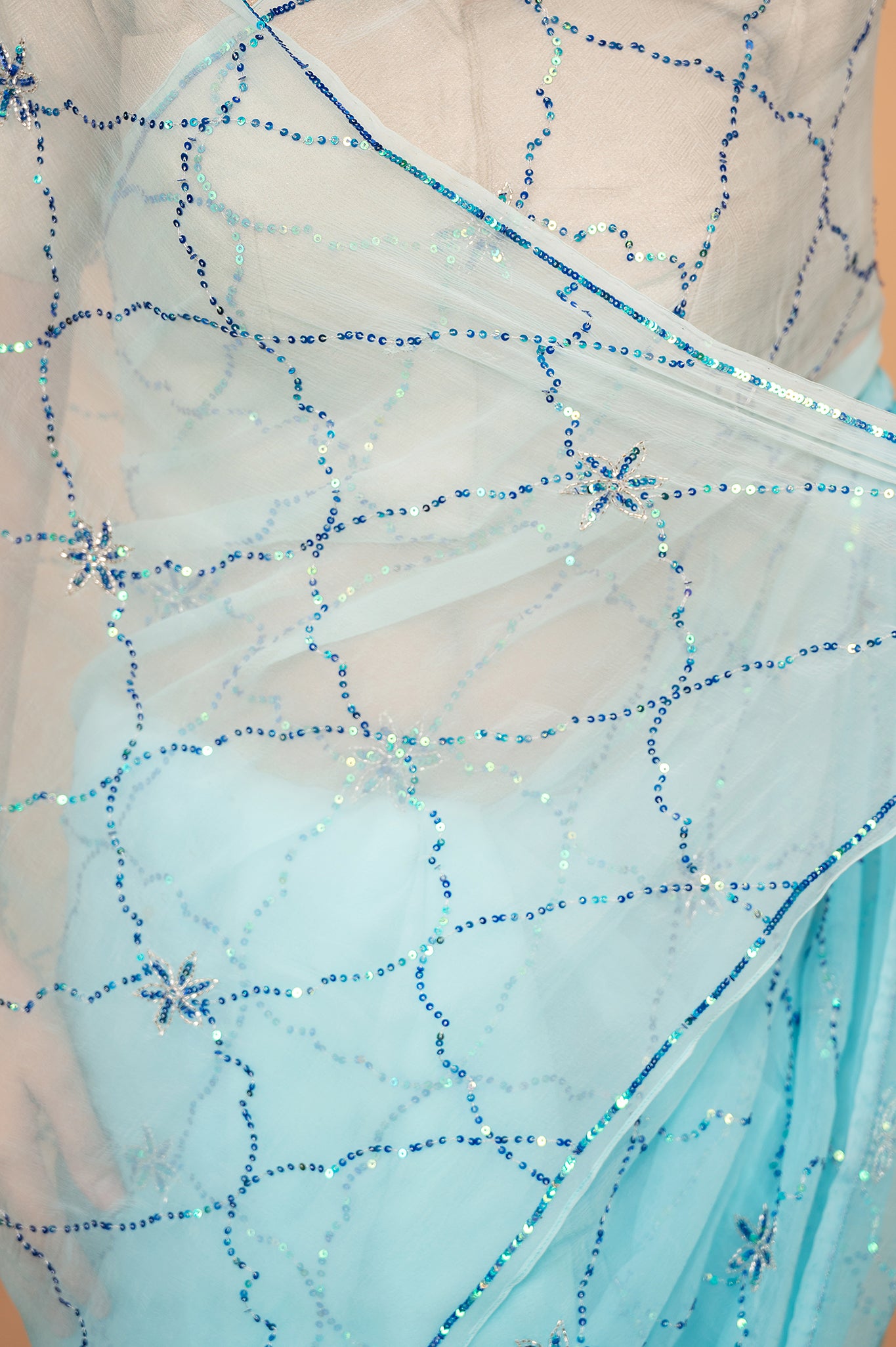 Sky blue light dark viscose chiffon sequins jaal handwork casual wear saree