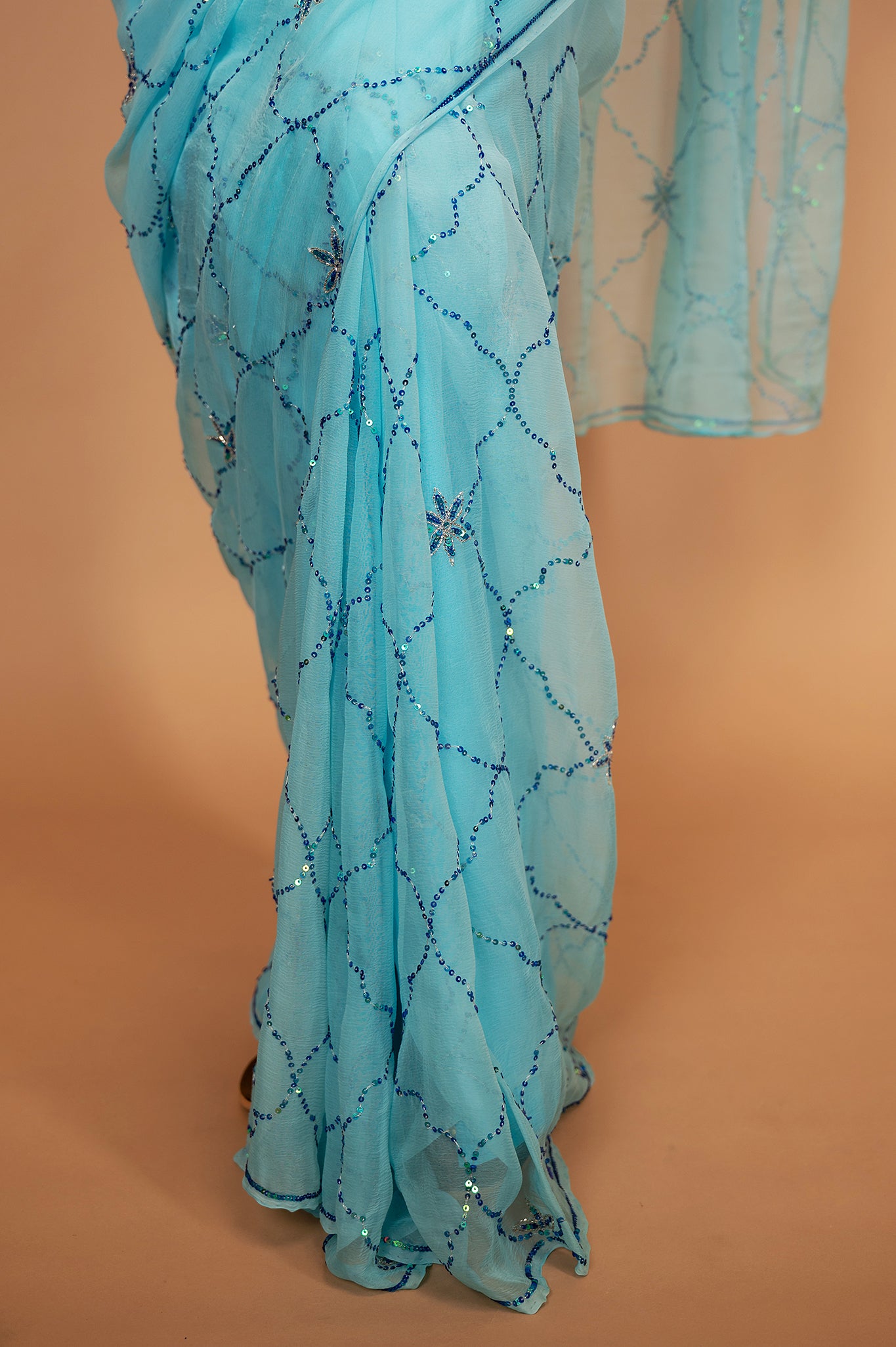 Sky blue light dark viscose chiffon sequins jaal handwork casual wear saree