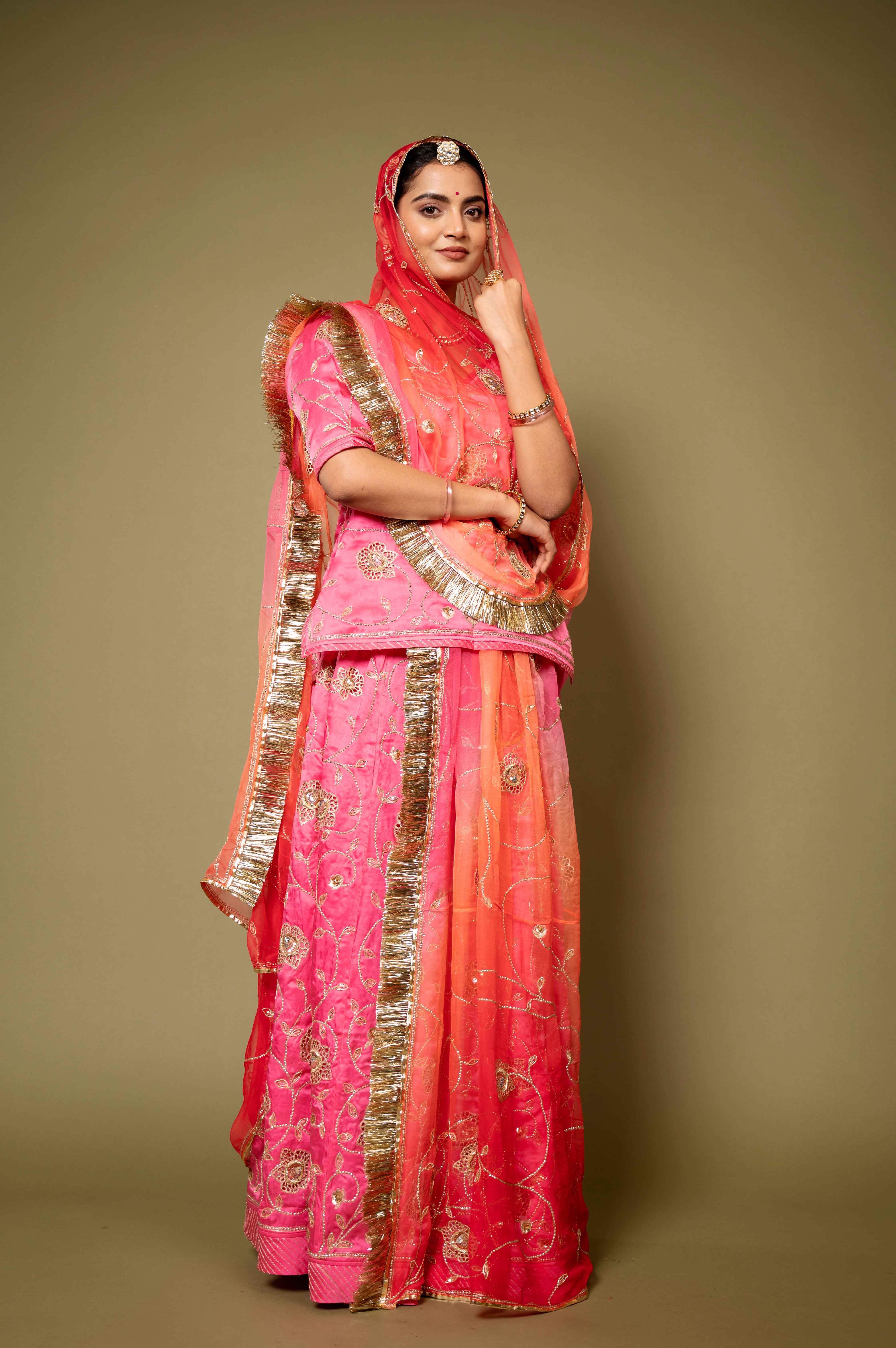 pink bamber satin aari katori cut work handwork rajputi Poshak with pure odhna