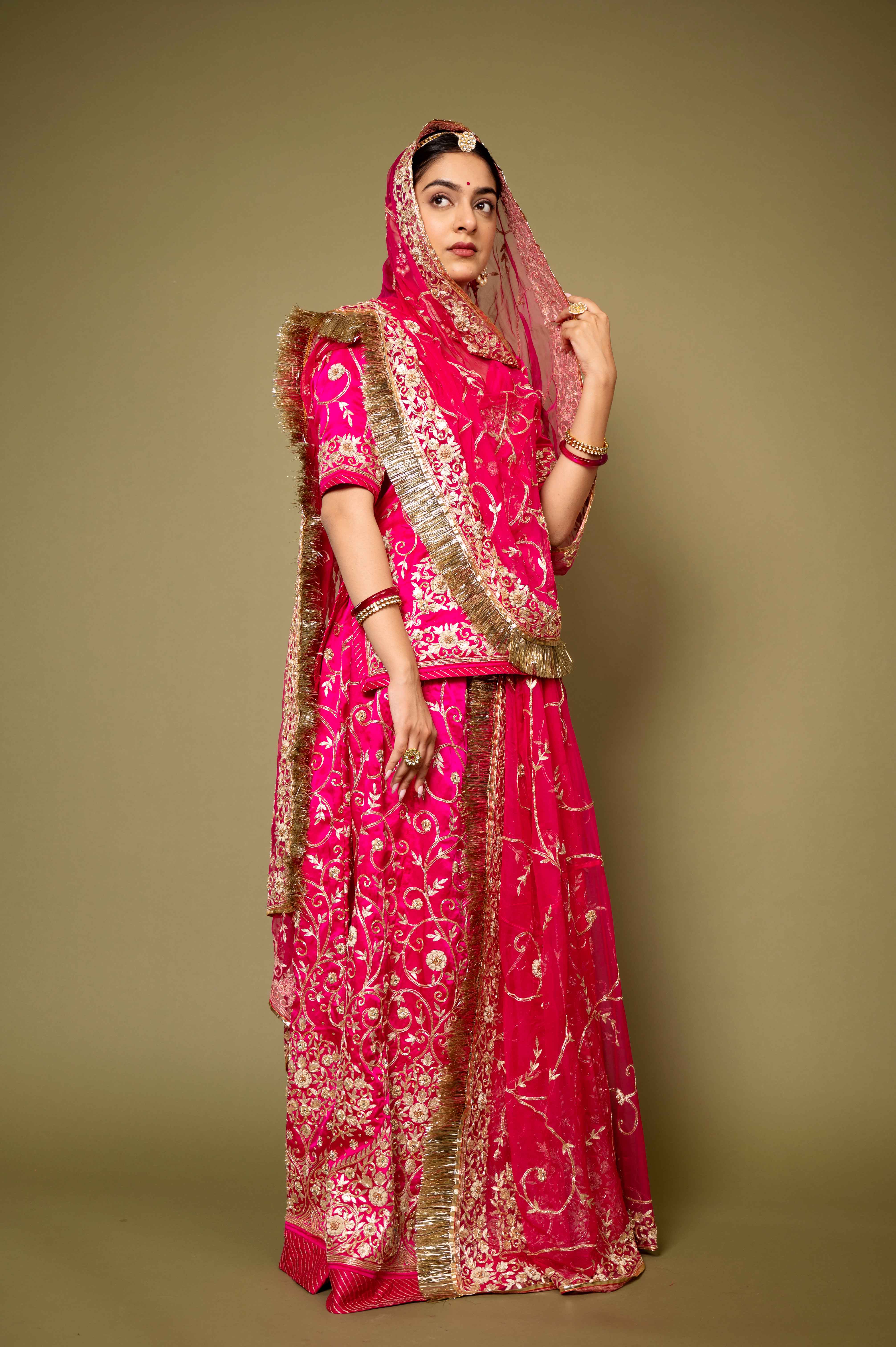 rani pink pure satin aari zardozi handwork rajputi Poshak with pure odhna