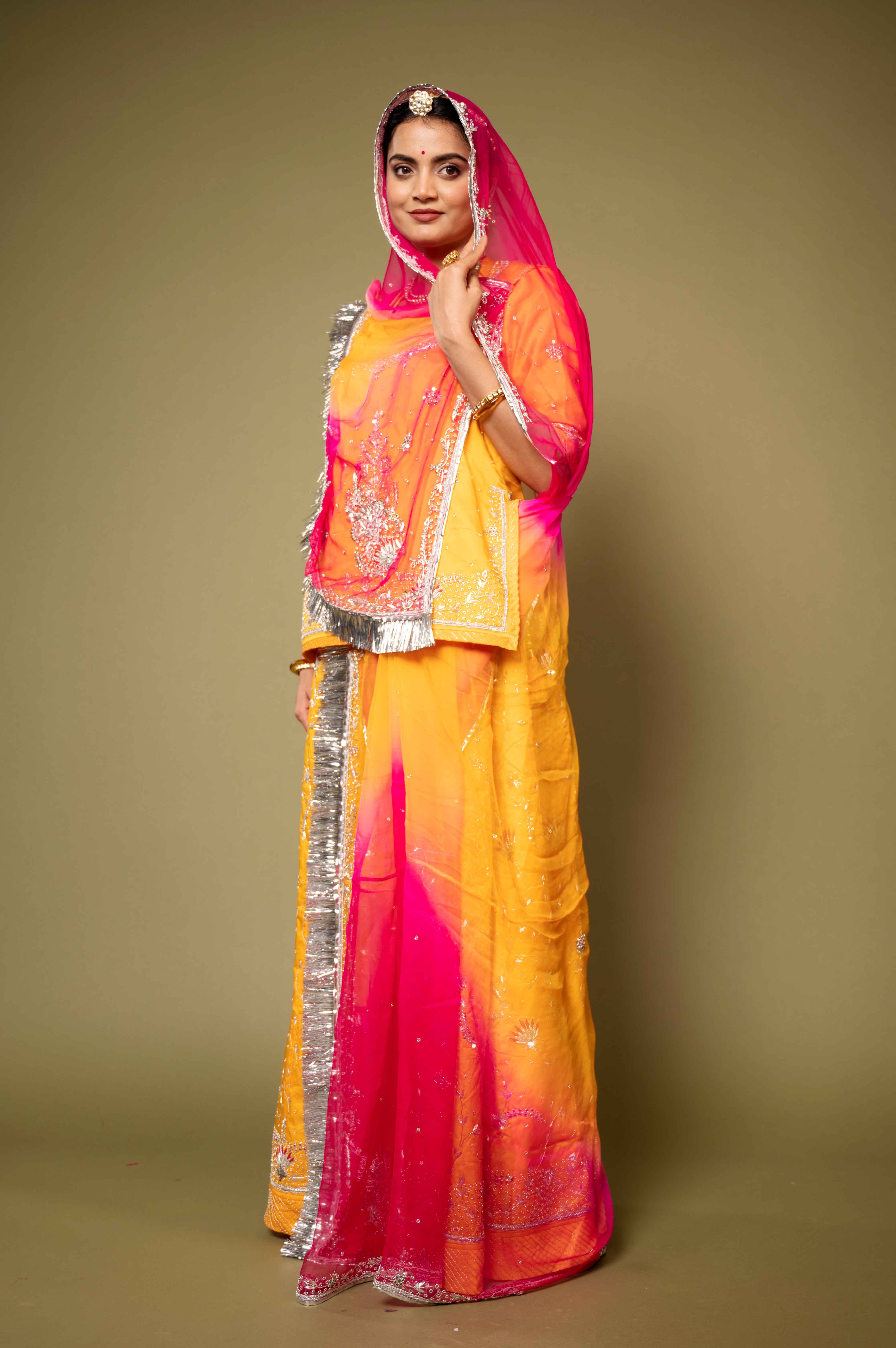 yellow bamber satin aari zardozi handwork rajputi Poshak with pure odhna