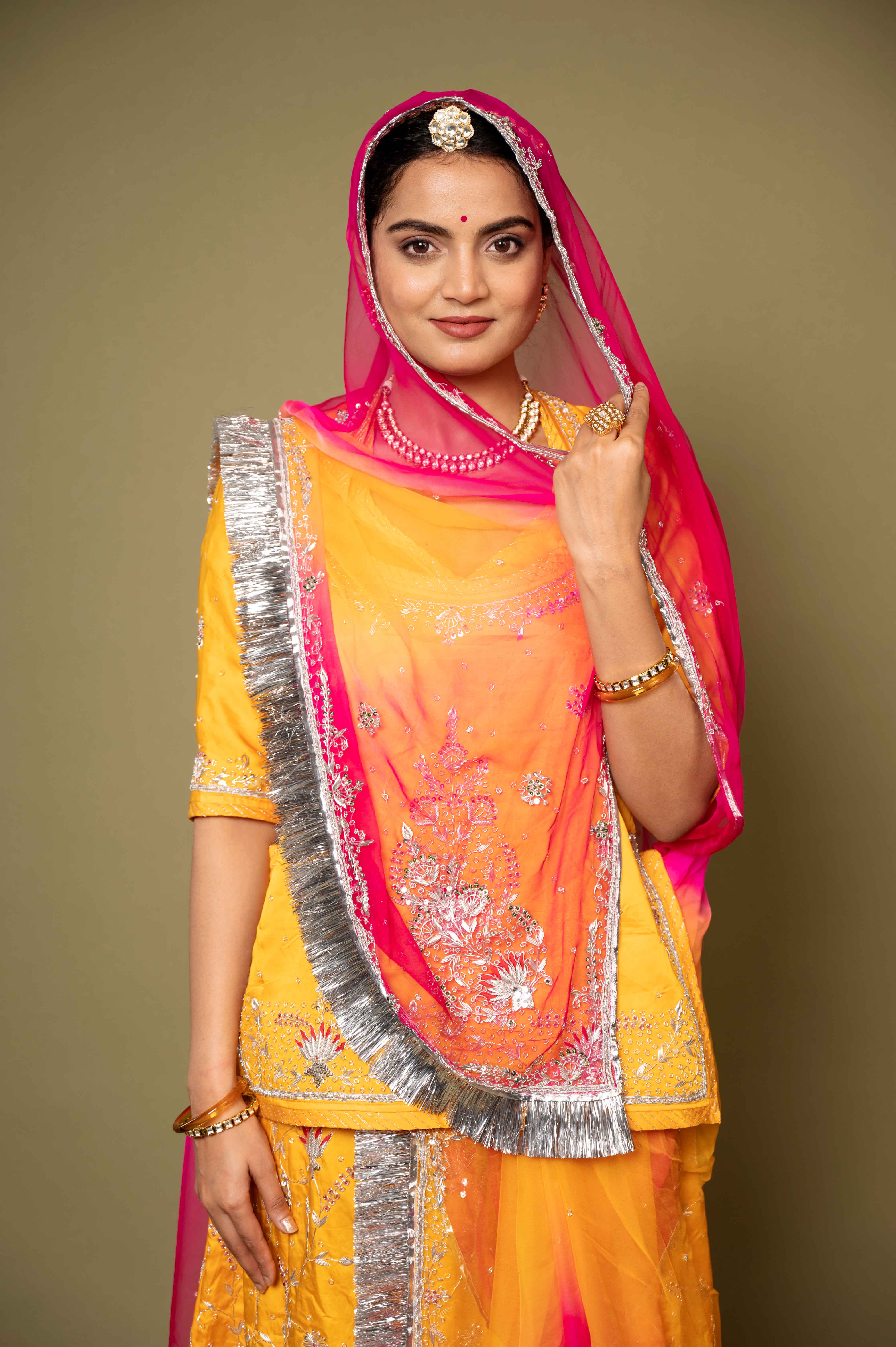 yellow bamber satin aari zardozi handwork rajputi Poshak with pure odhna