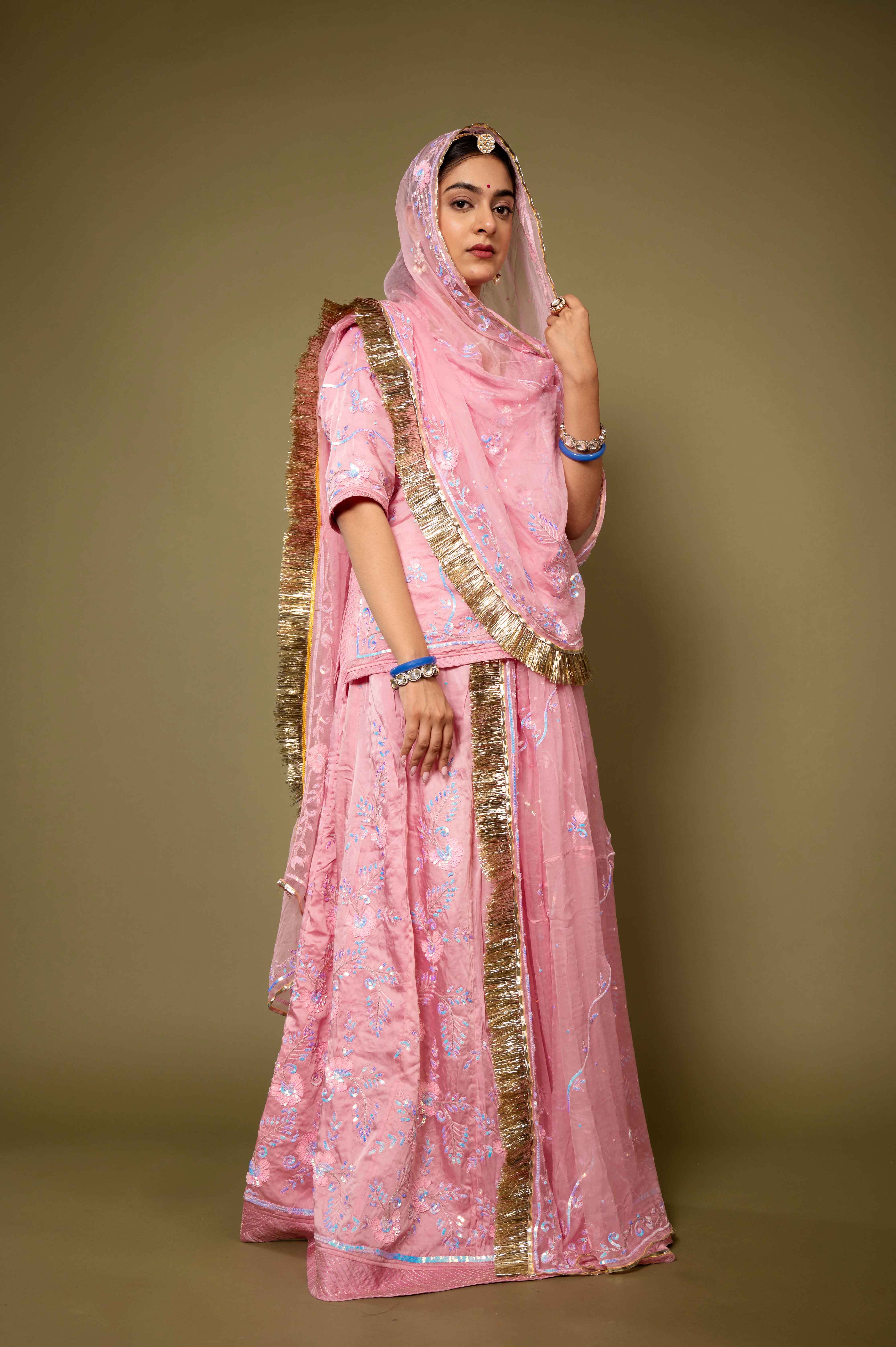 pink bamber satin sequins handwork rajputi Poshak with pure odhna