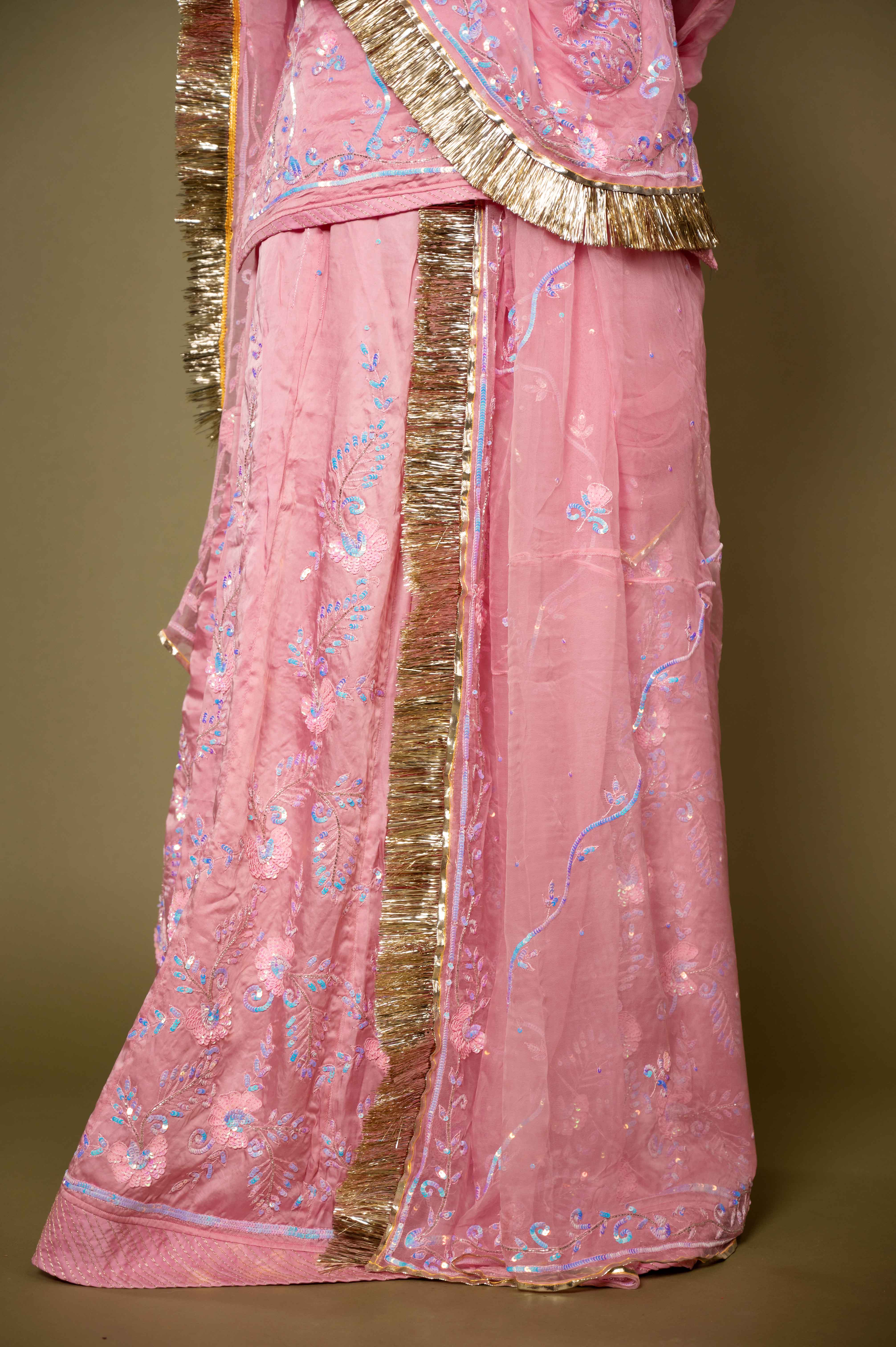 pink bamber satin sequins handwork rajputi Poshak with pure odhna