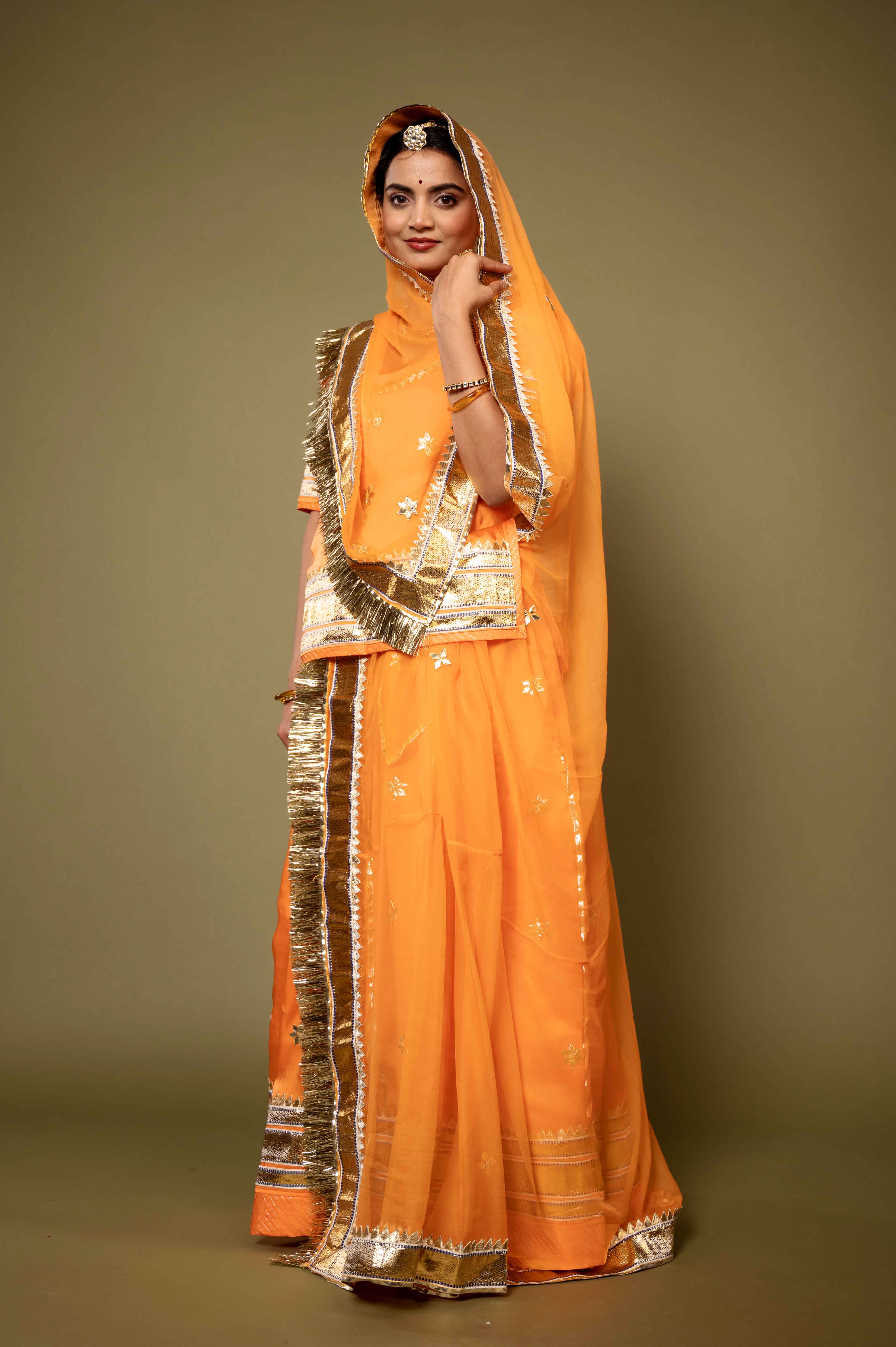 orange bamber satin gotta patti laffa  handwork rajputi Poshak with pure odhna