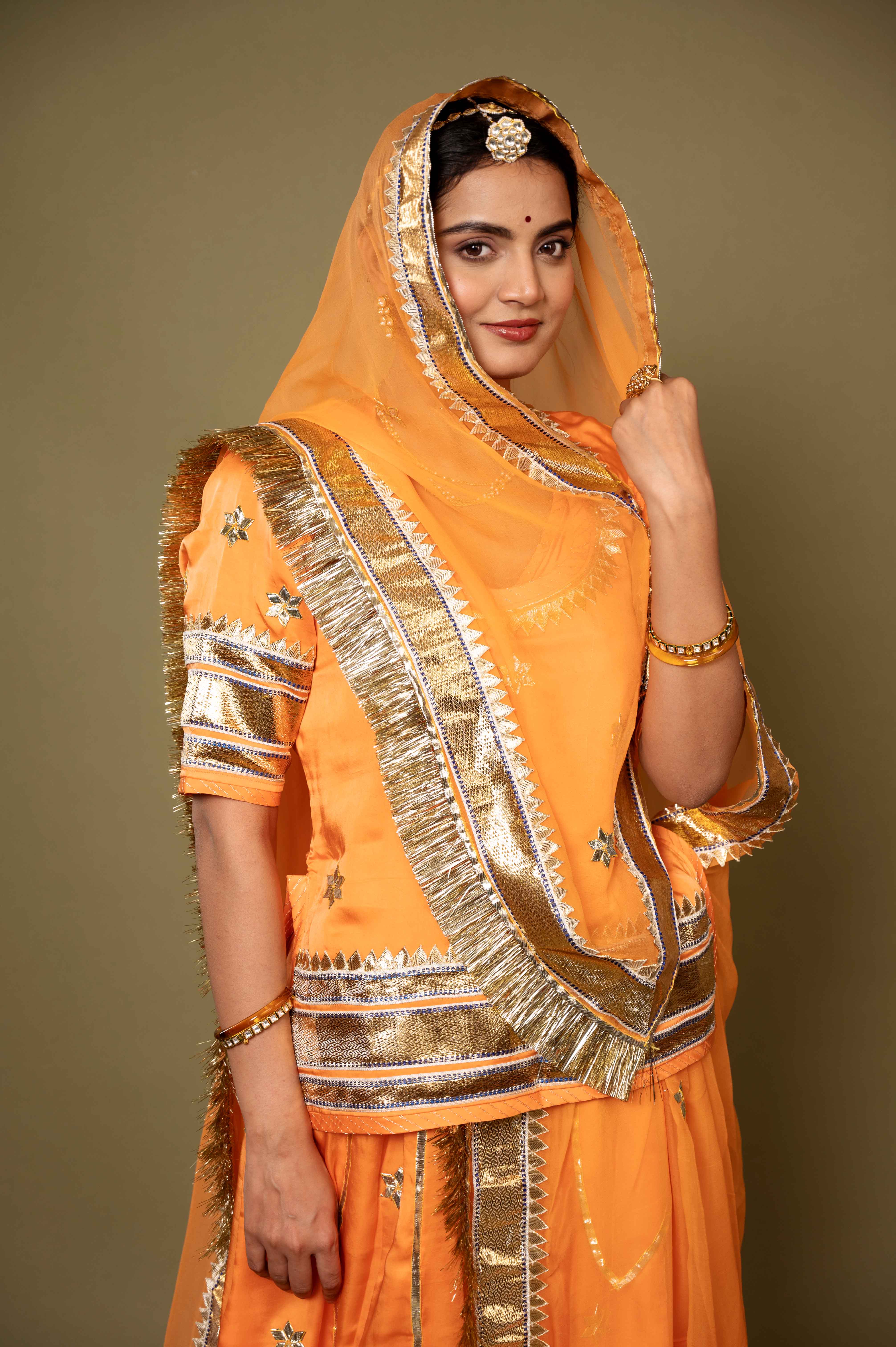 orange bamber satin gotta patti laffa  handwork rajputi Poshak with pure odhna