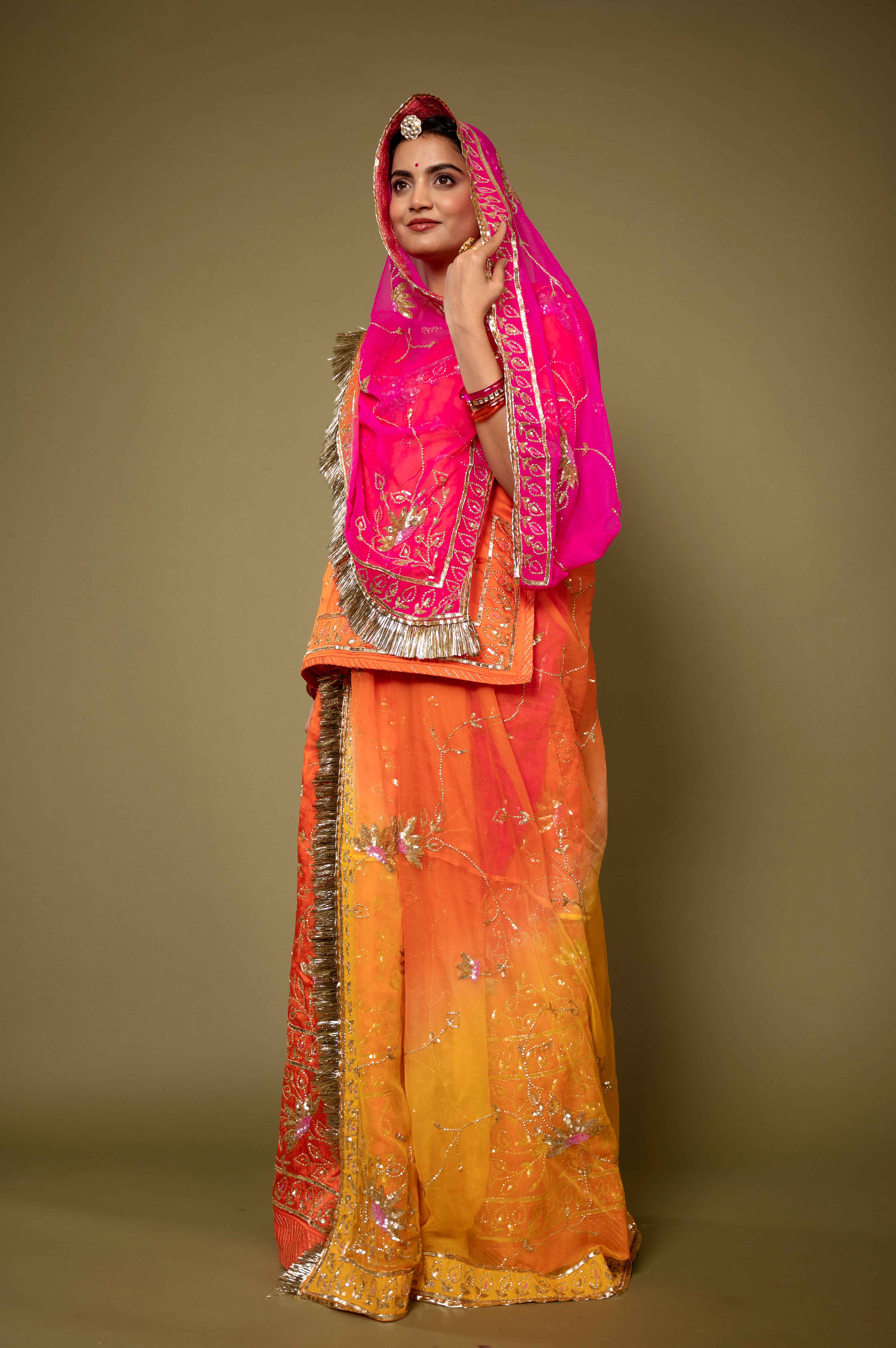 orange bamber satin aari katori handwork rajputi Poshak with pure odhna