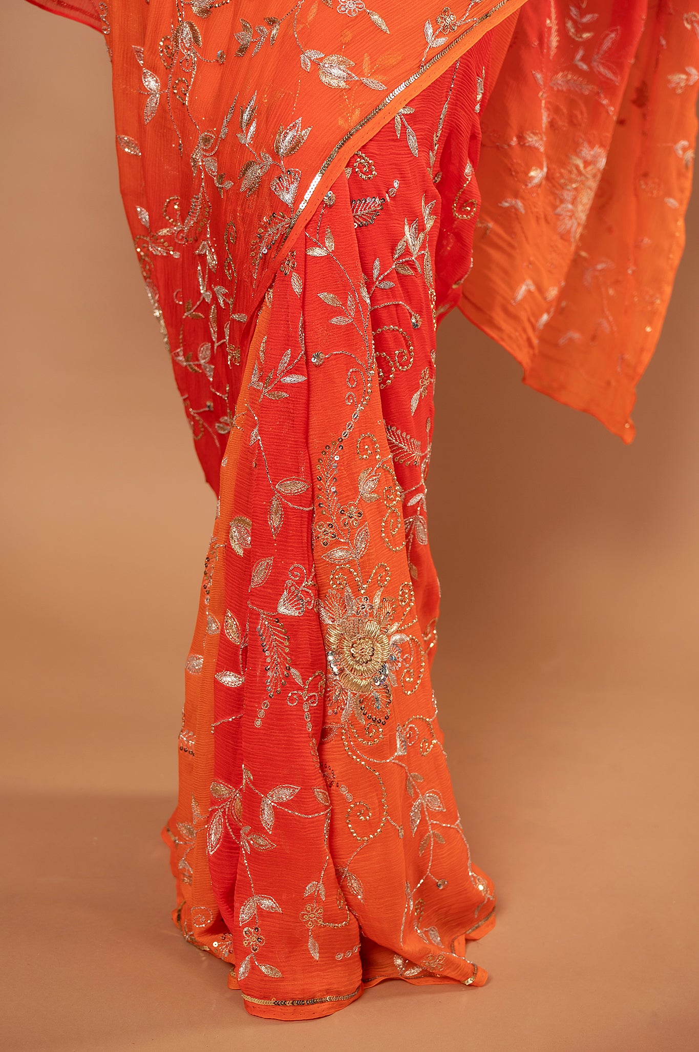 Orange light dark pure chiffon aari sequins  zardozi jaal handwork saree