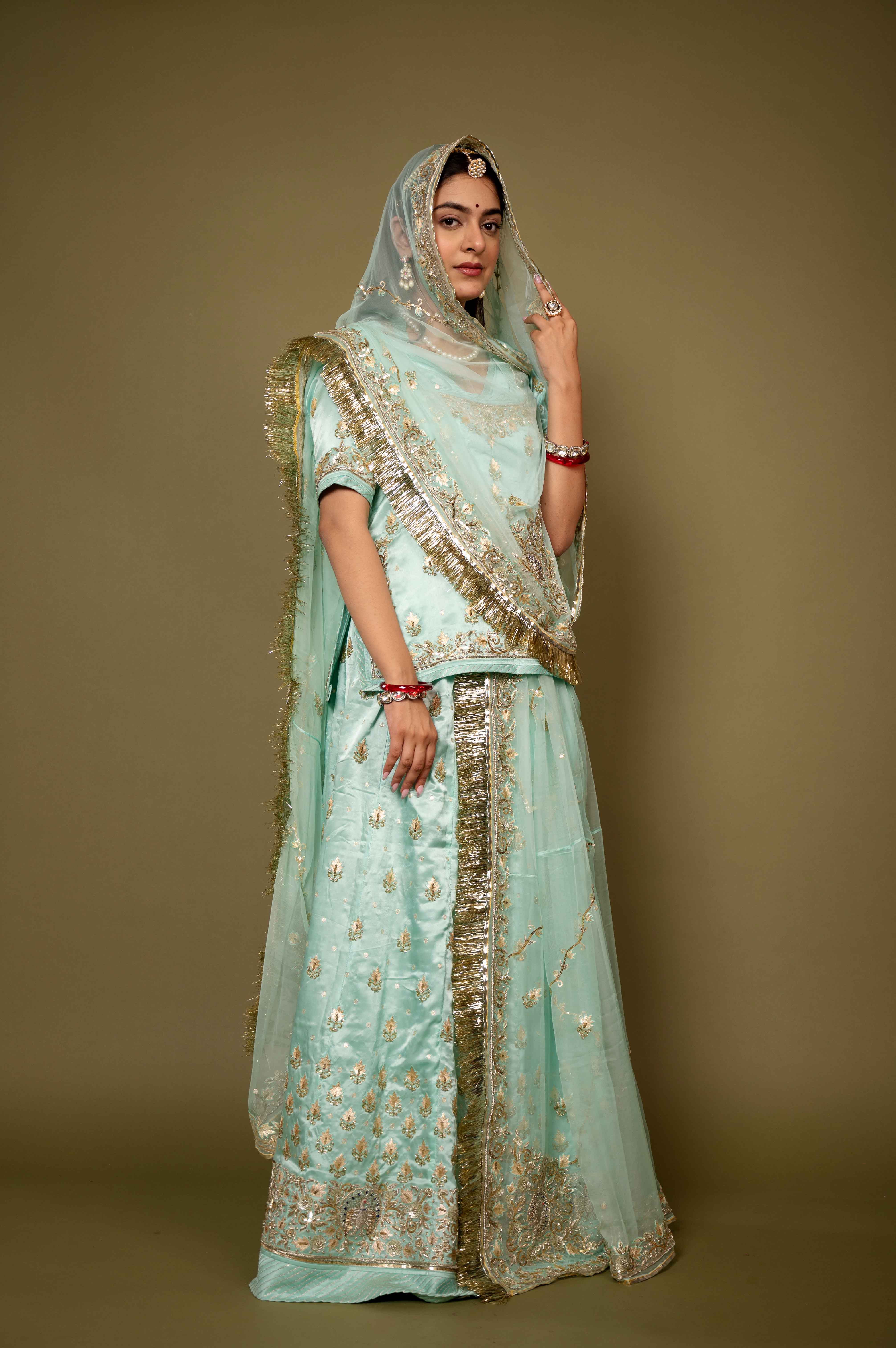 aqua pure satin zardozi handwork rajputi Poshak with pure odhna