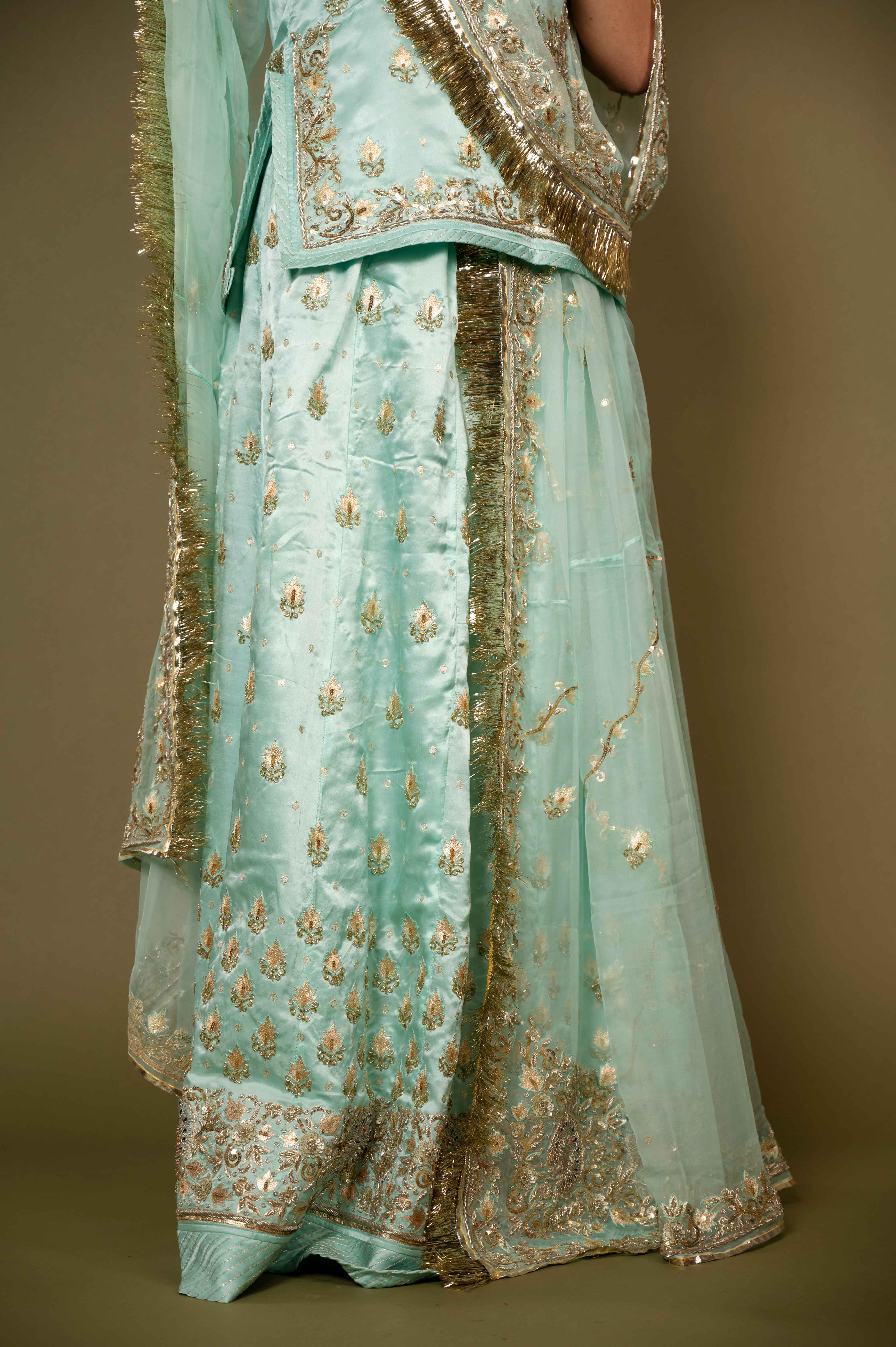 aqua pure satin zardozi handwork rajputi Poshak with pure odhna