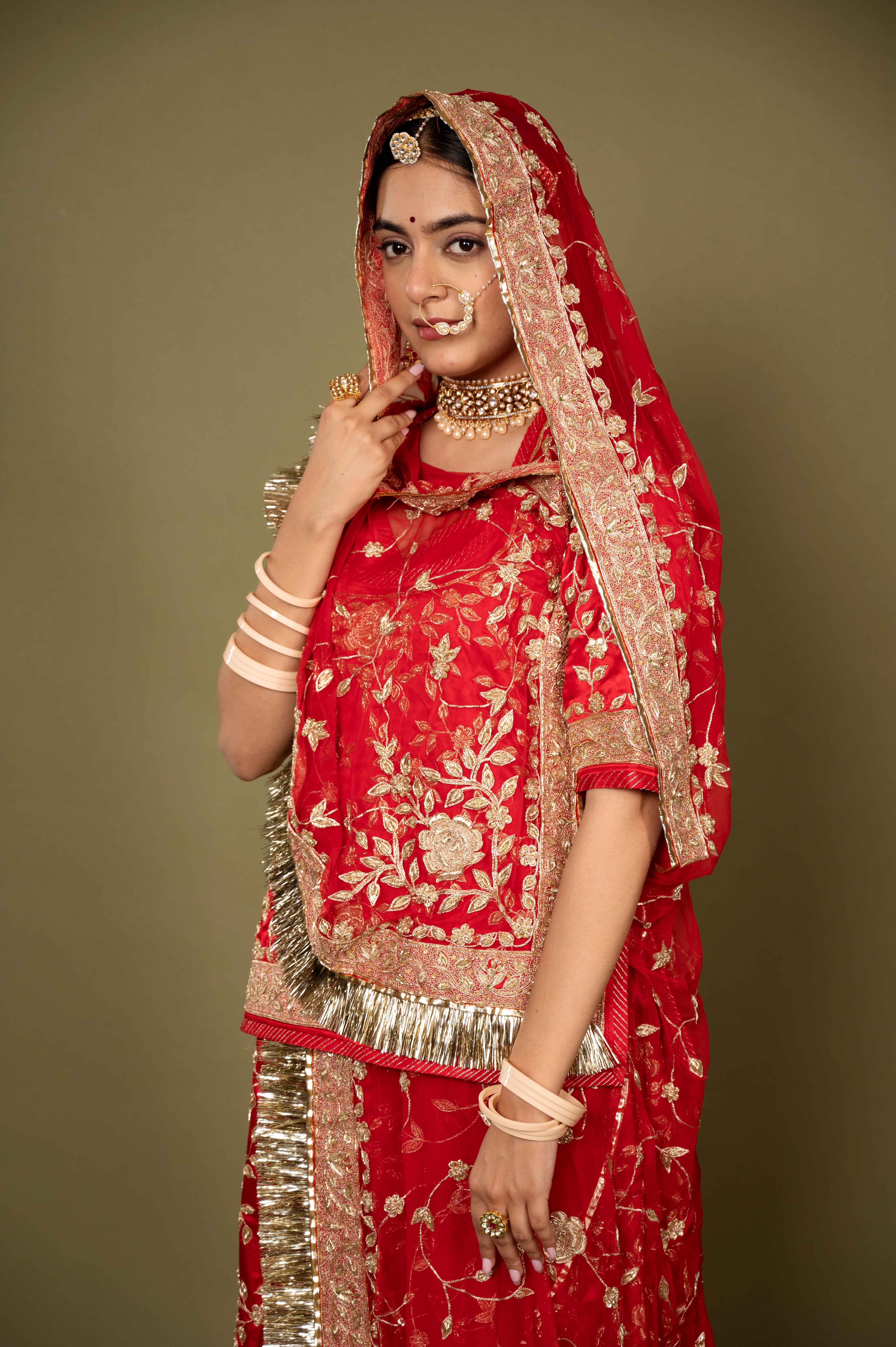 red pure satin zardozi handwork rajputi Poshak with pure odhna