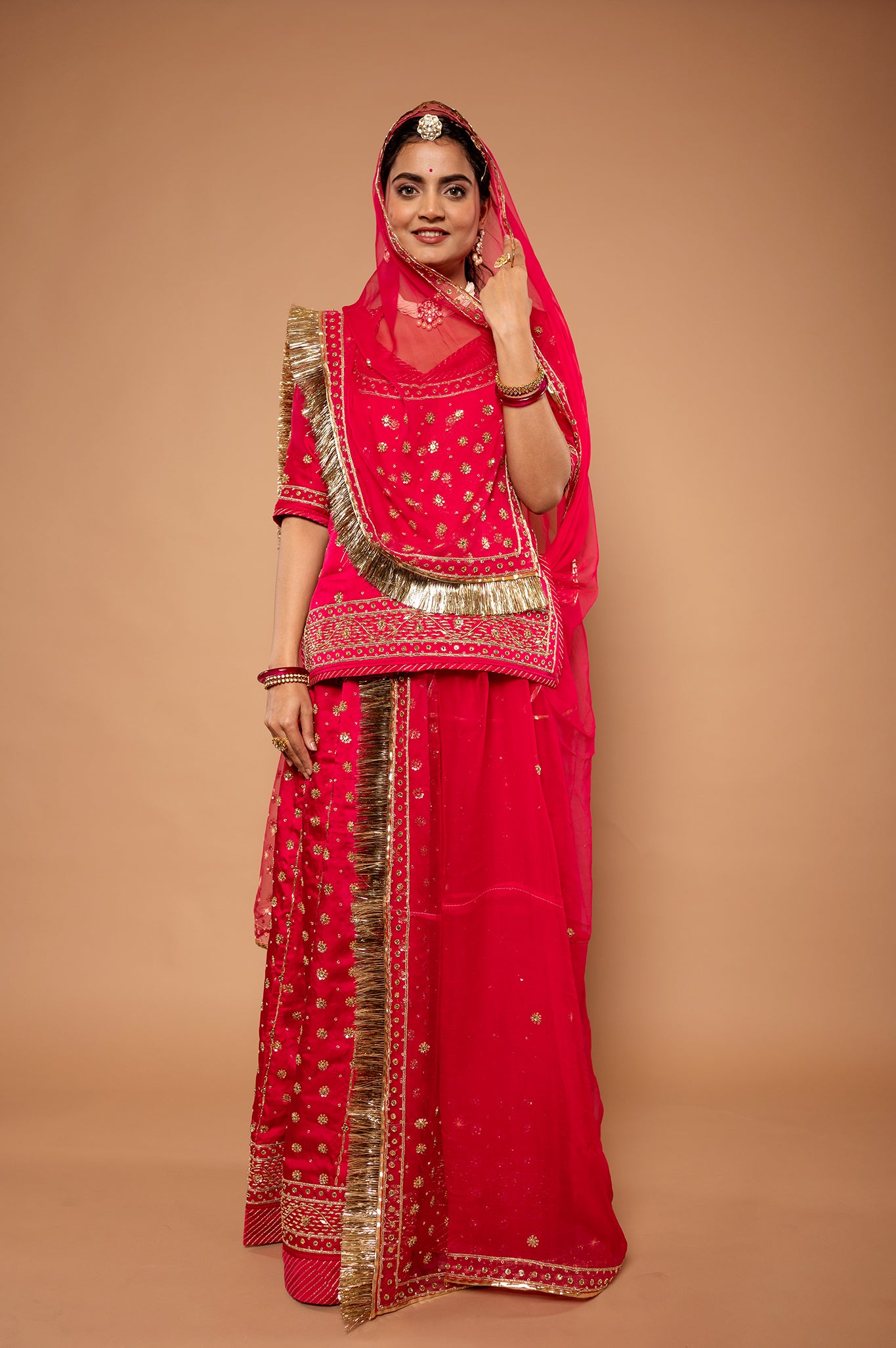Cherry Red bamber satin zardozi handwork rajputi Poshak with pure odhna